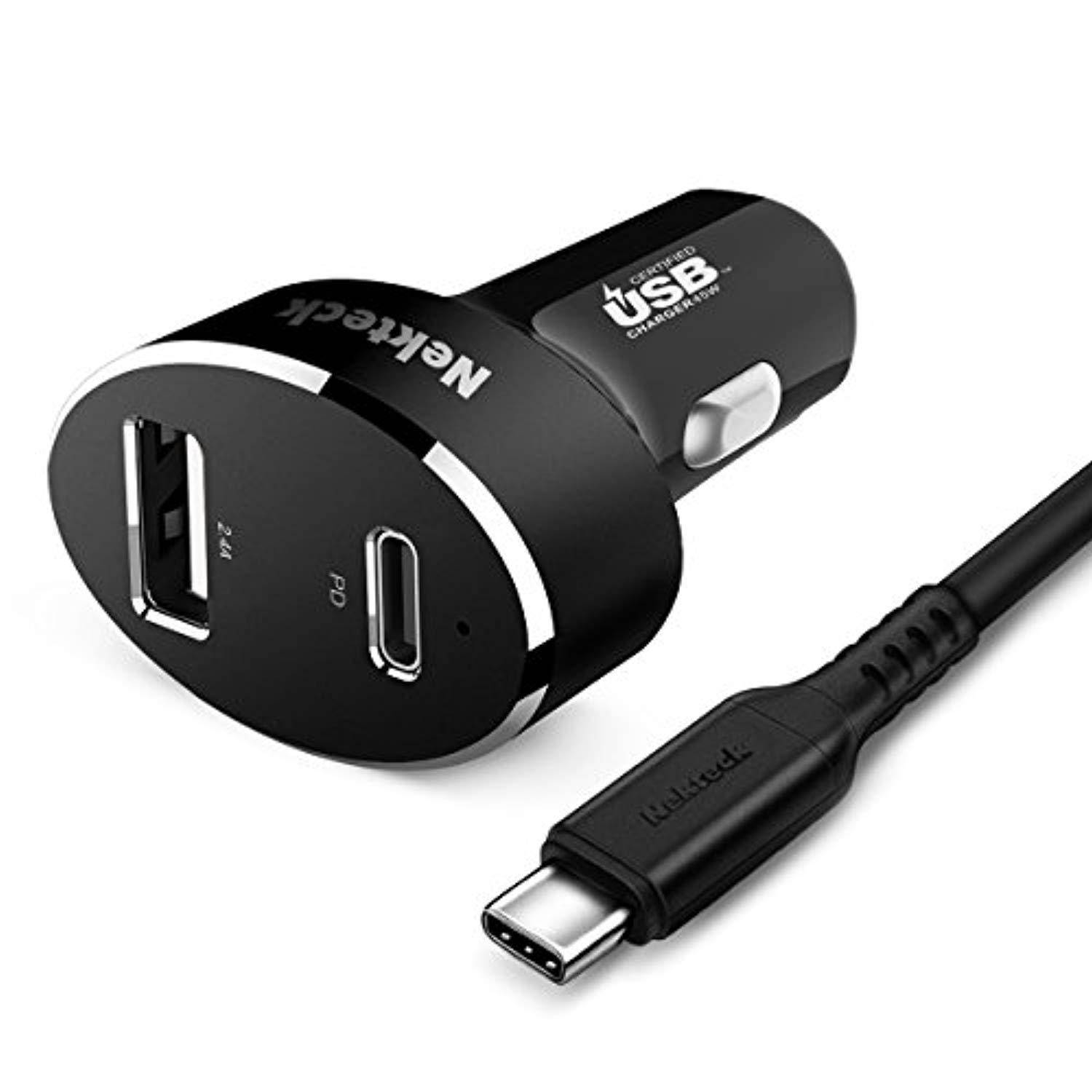 nekteck usbif certified usb type c car charger with pd power delivery 45w & usba 12w for macbook 12inch/ pro 2016, pixel 2/ pixel xl galaxy s9/ s9+/ note 8/ s8/ s8+ moreusbc cable 3.3ft included
