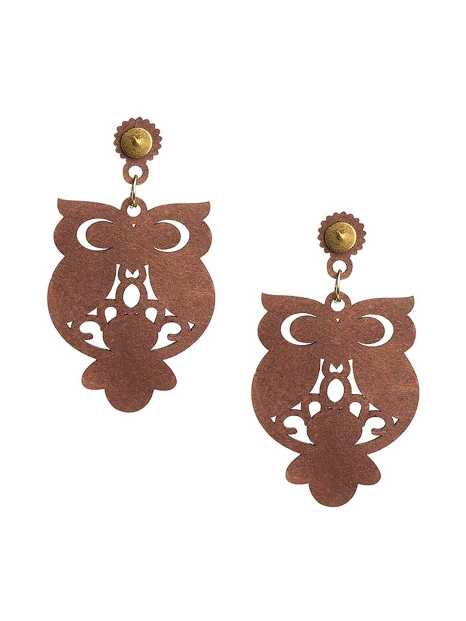 ExclusiveLane 'Symphony of Owls' Olive Green & Red Handpainted Earrings in Recycled Wood