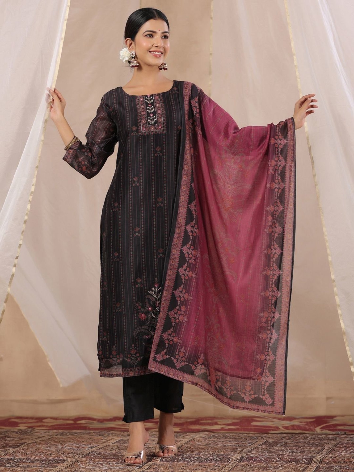 Ishin Black Printed Kurta Pant Set With Dupatta