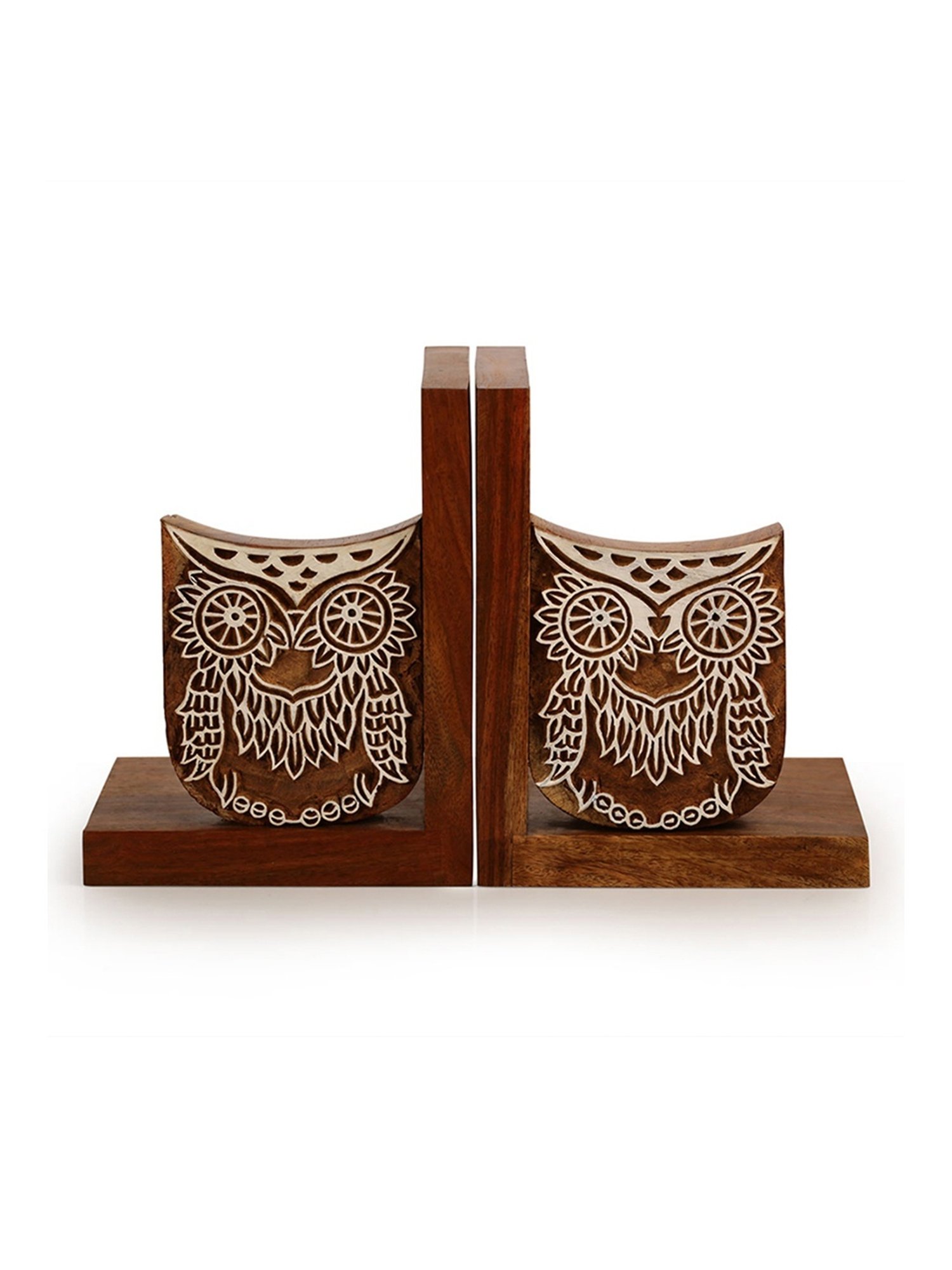 ExclusiveLane Wooden Hand Engraved Owl Book End In Sheesham Wood