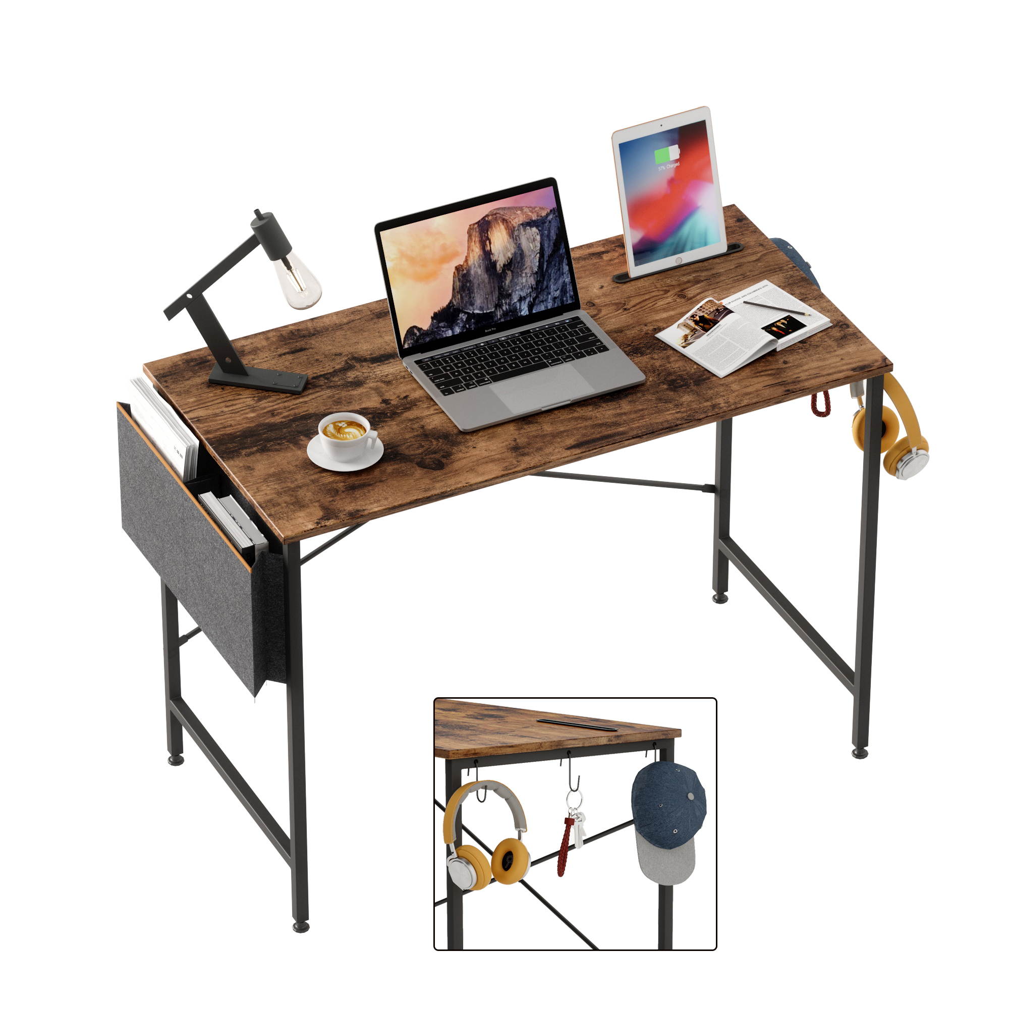 Bestier Computer Desk 47 Inch Office Desk Study Writing Desk, Simple Modern Style Laptop Table with Storage Bag & 3 Little Hook, Retro Gray Top