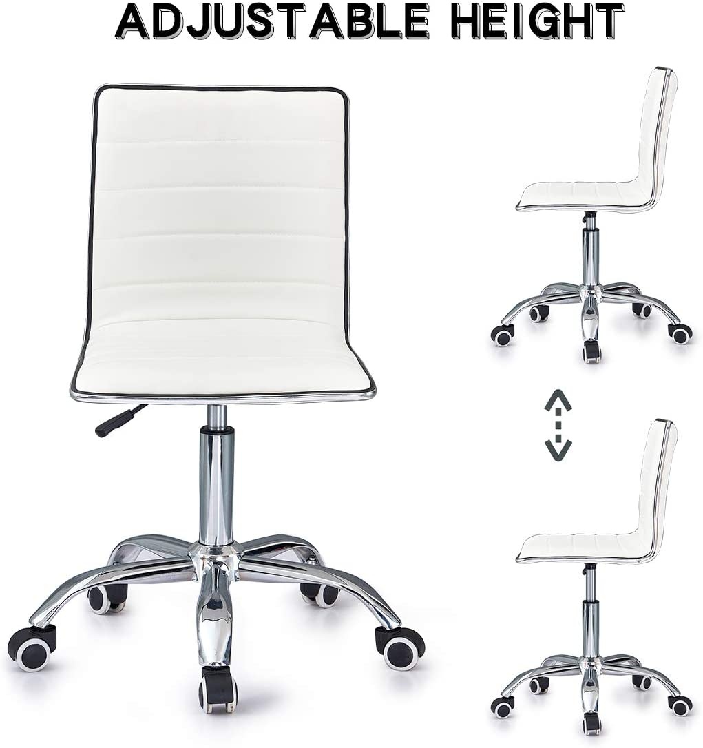 Ribbed Swivel Desk Chair Adjustable Task Chair PU Leather Mid Back Rolling Office Chair with Wheels Padded Task Conference Chair with Backrest for Office Home Computer Without Arms, White