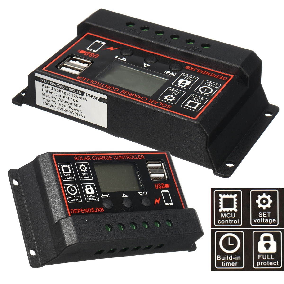 10A-60A 12V/24V Auto Solar Controller LCD Solar Charge Controller PWM Solar Panel Controller Battery Regulator With 2 USB Port