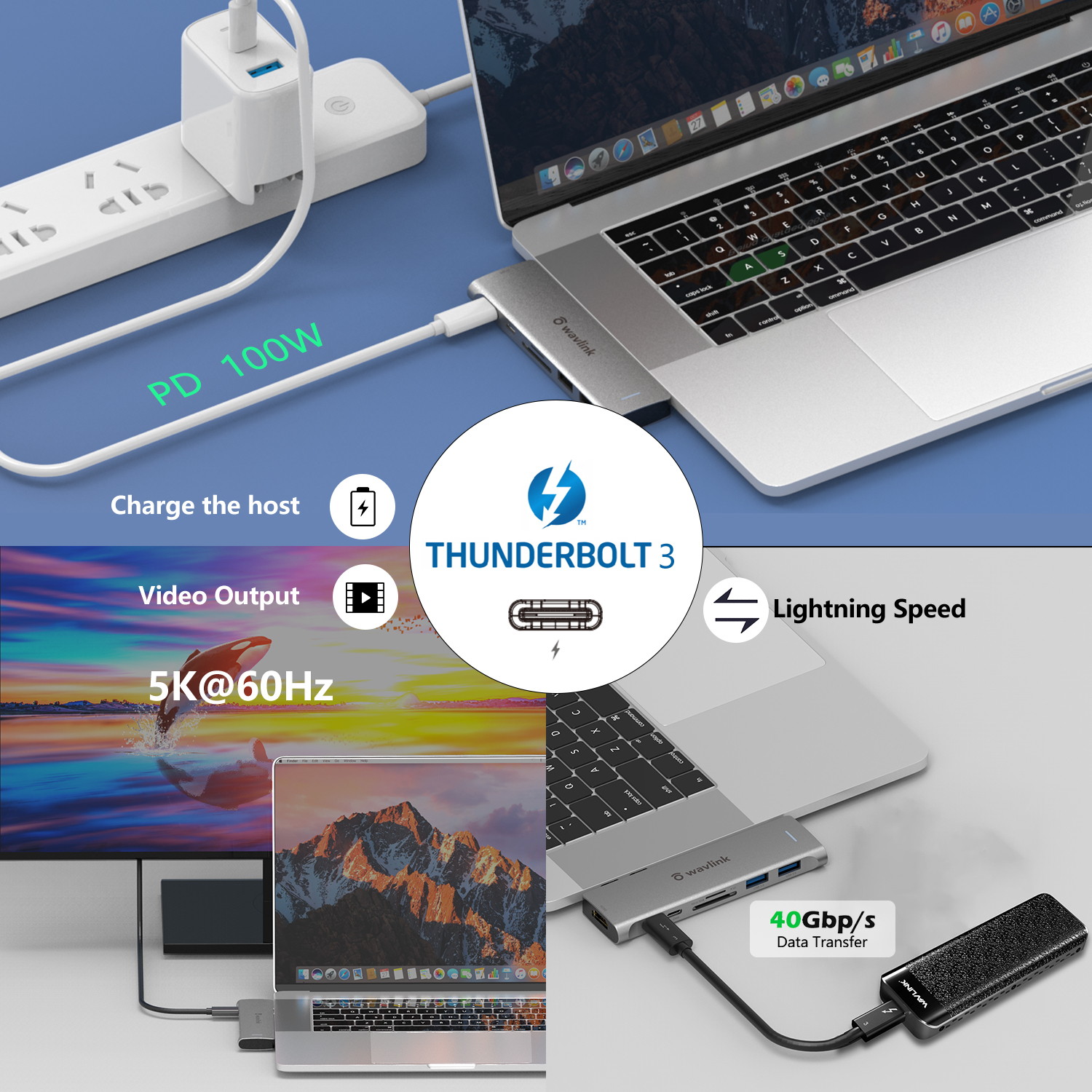 Wavlink USB C Hub, Type C Adapter Mini Docking Station with 4K HDMI Port, 2 USB 3.0, TF/SD Card Reader, USB-C PD3.0 100W  and Thunderbolt 3, LED indicator For MacBook Pro for MacBook Pro/Air