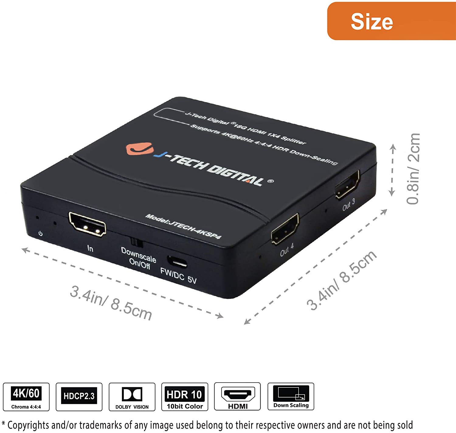 J-Tech Digital 4K60Hz 1X4 HDMI Splitter Supports Multi-Resolution Output 18GBps (JTECH-4KSP4)