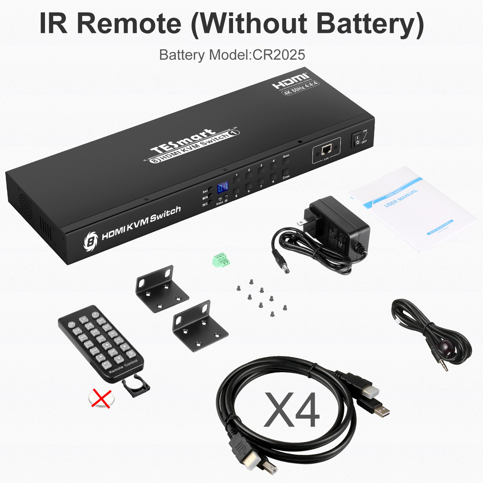 TESmart KVM Switch 4K60Hz UHD 8 Ports Inputs HDMI Control up to 8 Computers/Servers, USB 2.0 Device, RS232/ LAN Port Control Switch, Rack Mount Switch with 4 Pcs 5ft/1.5m KVM Cable