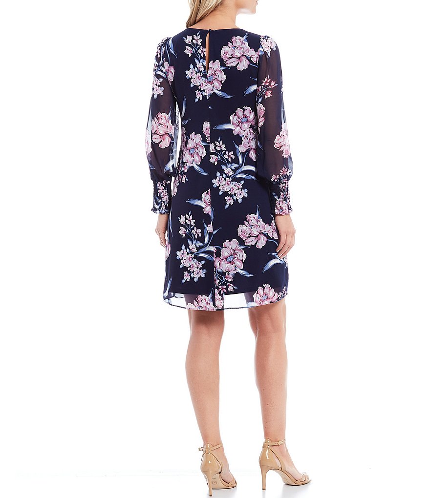 Jessica Howard Jewel Neck Long Balloon Sleeve Puff Floral Chiffon A-Line Dress