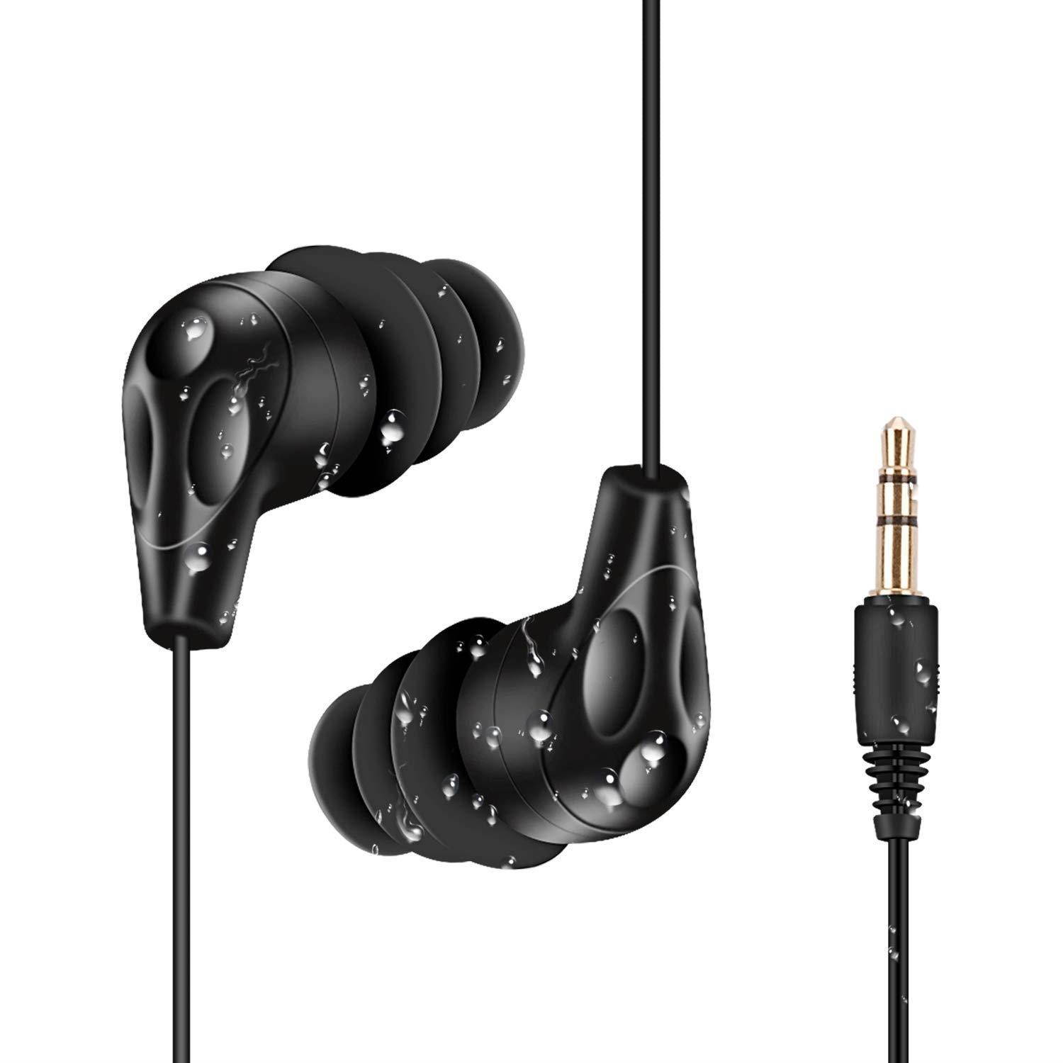 AGPTEK SE11 IPX8 Waterproof in-Ear Earphones, Coiled Swimming Earbuds with Stereo Audio Extension Cable, Black