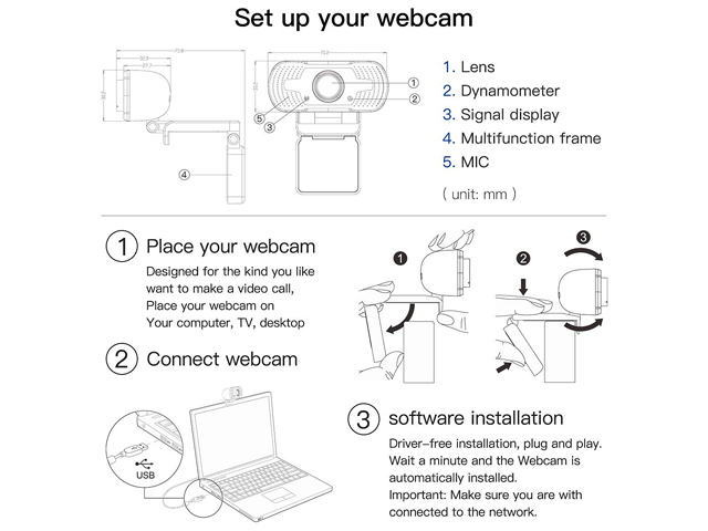 Anivia 1080p HD Webcam W8, USB Desktop Laptop Camera, Mini Plug and Play Video Calling Computer Camera, Built-in Mic, Flexible Rotatable Clip