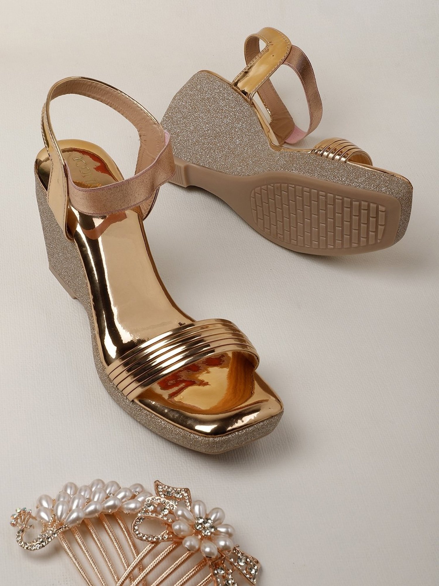 Iconics Women's Antique Gold Ankle Strap Wedges