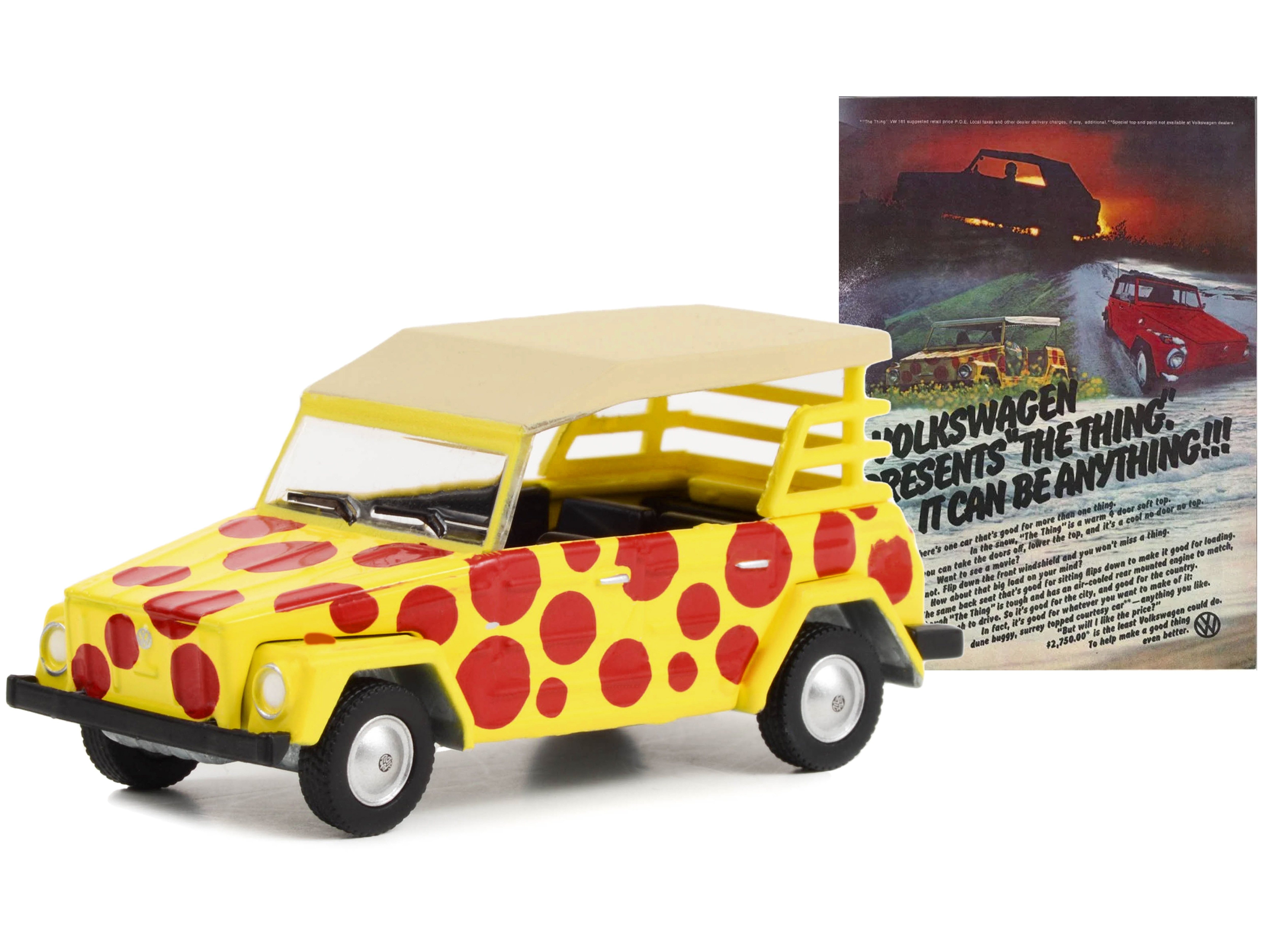1974 Volkswagen Thing Type 181 Yellow with Red Polka Dots "Volkswagen Presents The Thing. It Can Be Anything!!!" "Vintage Ad Cars" Series 8 1/64 Diecast Model Car by Greenlight