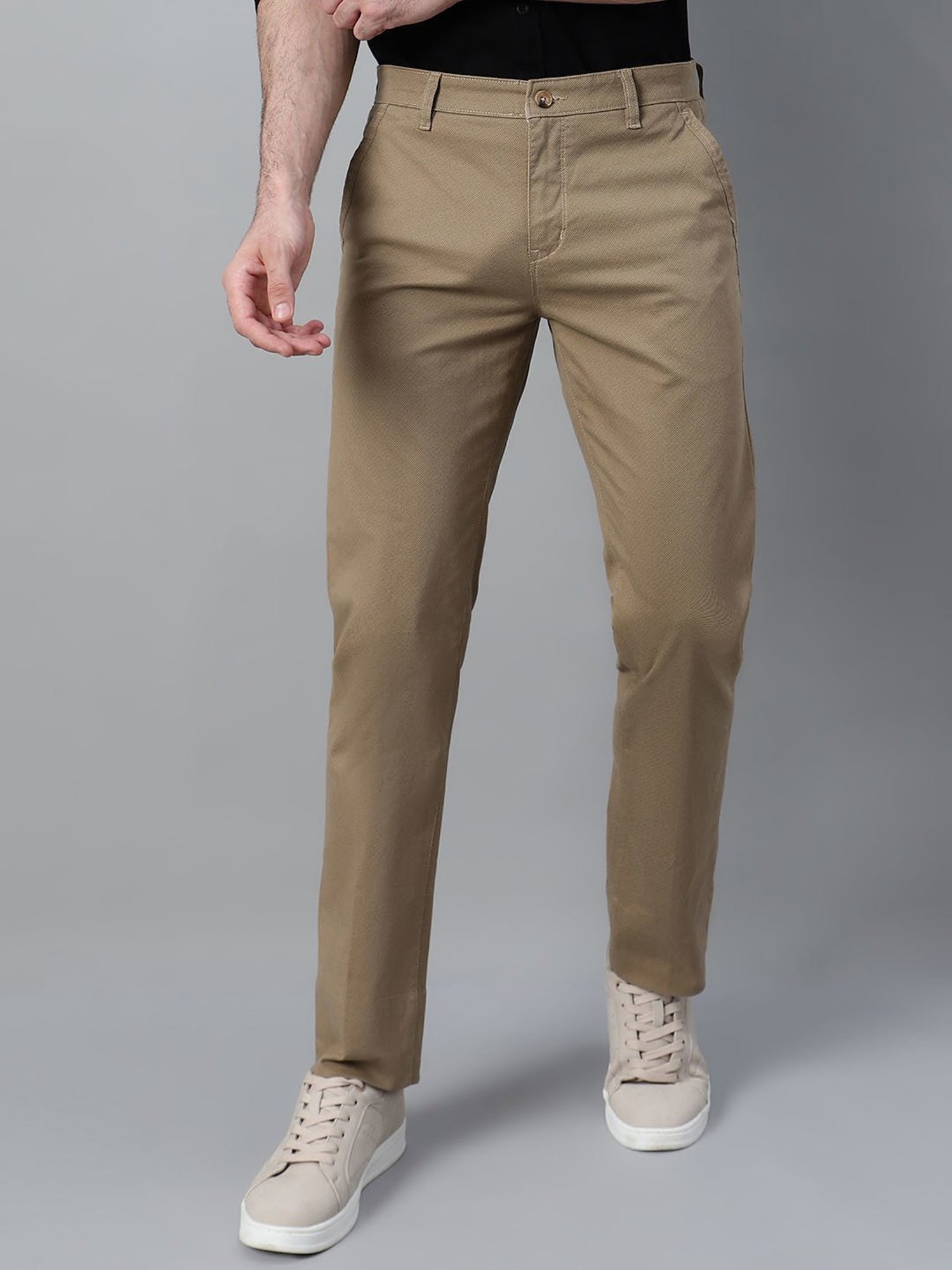 Cantabil Khaki Cotton Blend Regular fit Self Trousers