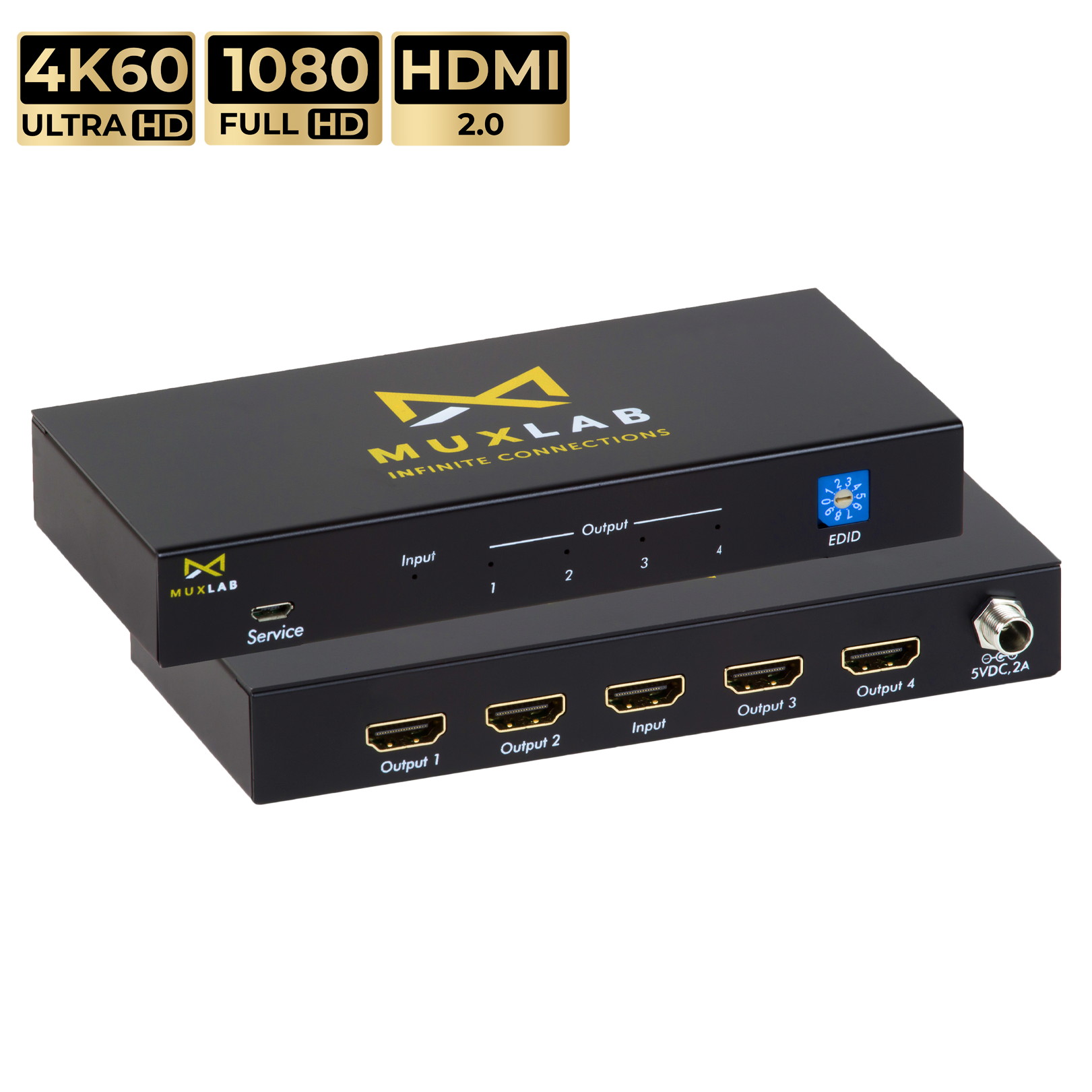 MuxLab 1x4 HDMI Splitter 1 in 4 Out | Supports 4K@60HZ (4:4:4), HDR, HDMI 2.0, HDCP 2.2, Deep Color, EDID Management and LED Diagnostic (1 Source to 4 Displays, for Duplicate Monitor Screens).