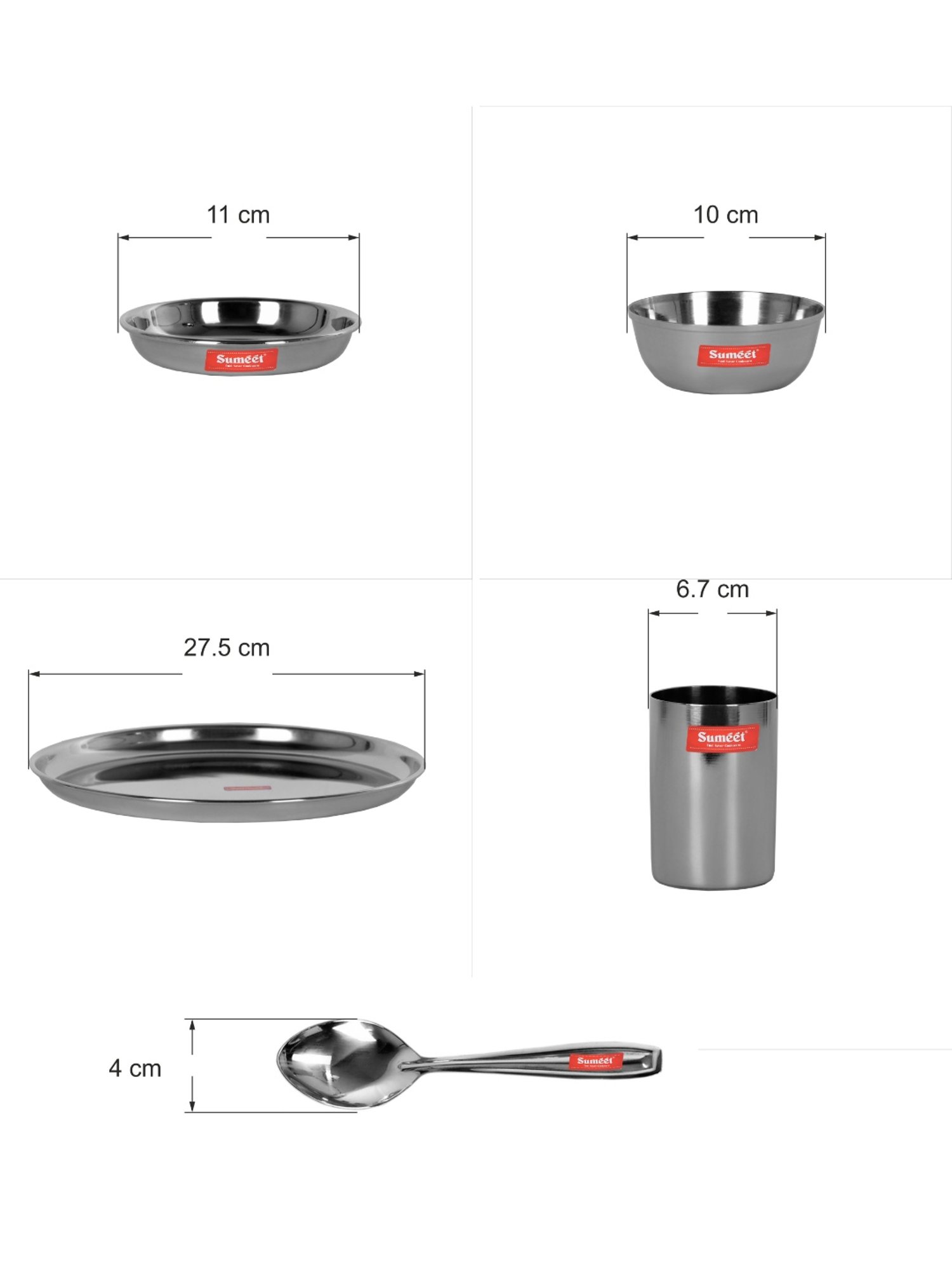 Sumeet S.S.Mirror Finish Dinner set of 12Pc(2 Plate,2 Small/Halwa Plate,4 Bowl/Wati,2 Glass,2 Spoon)