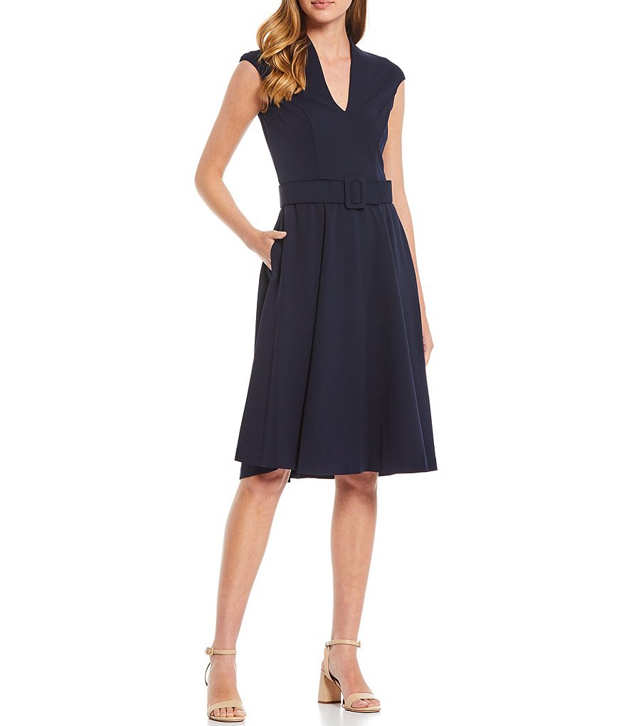 Harper Rose V-Neck Cap Sleeve Belted Scuba Crepe Dress