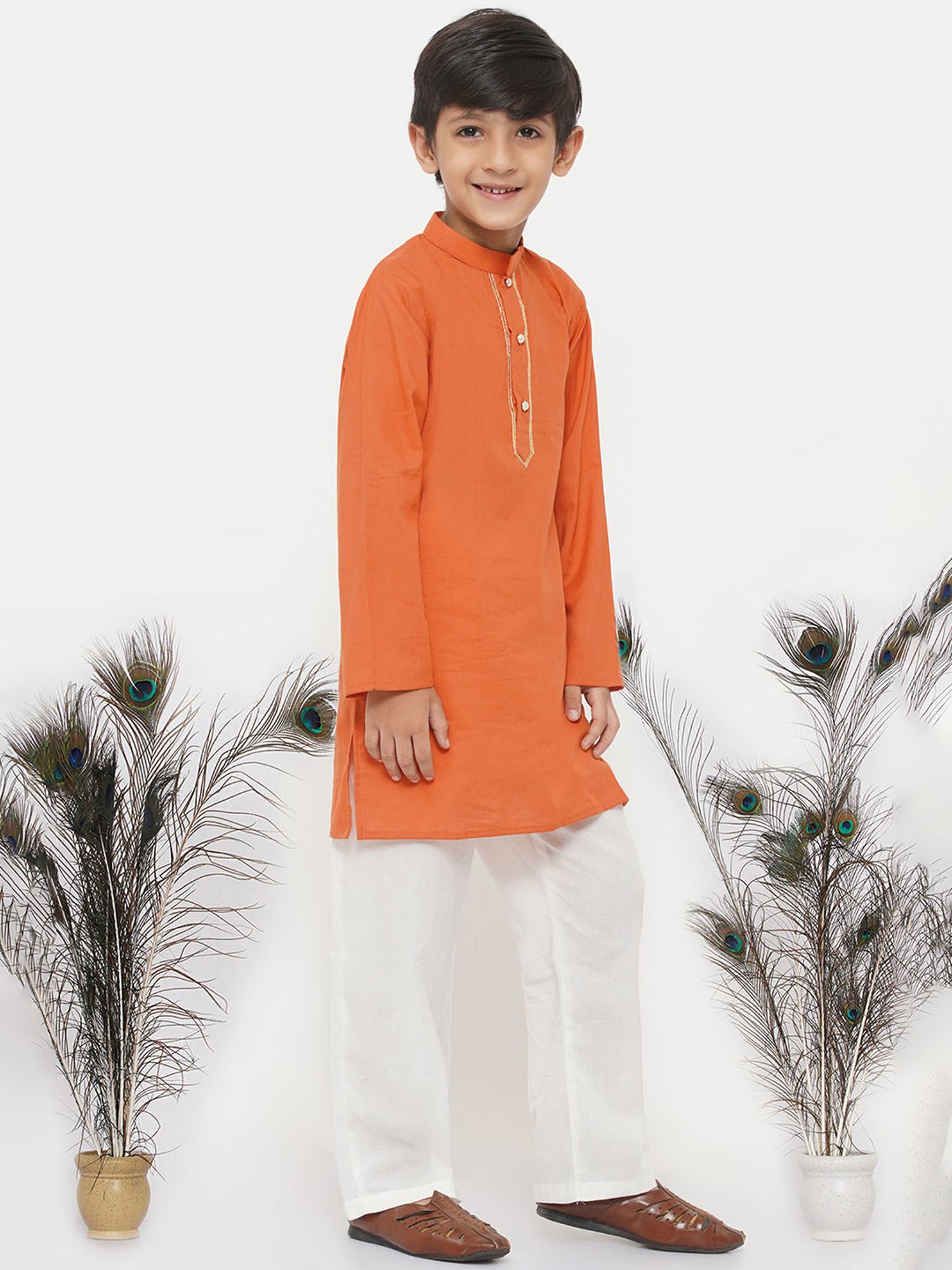 Little Bansi Orange & White Solid 1 Kurta + 1 Pyjamas
