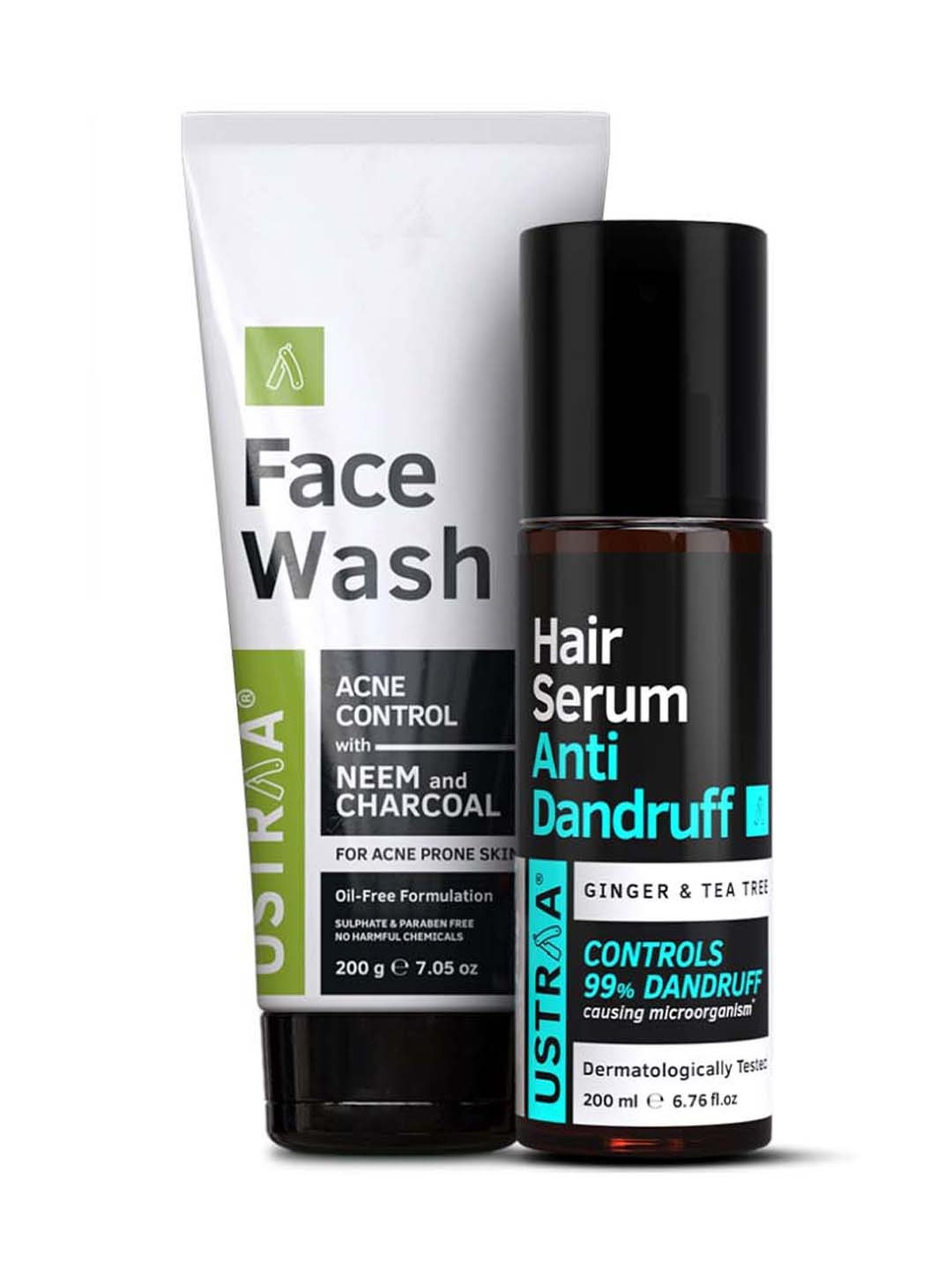 Ustraa Anti Dandruff Hair Serum - 200 ml & Face Wash Neem & Charcoal - 200 gm