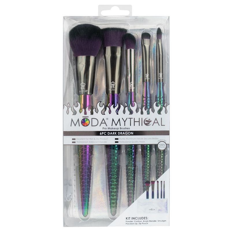 MODA Brush Mythical 6pc Dark Dragon Makeup Brush Set with Holographic Flip Case, Includes - Powder, Contour, Angle Shader, and Precision Lip Brushes