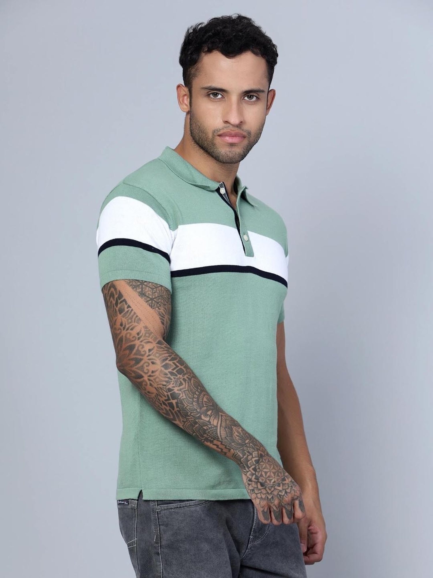 Cantabil Light Green Cotton Regular Fit Striped Polo T-Shirt