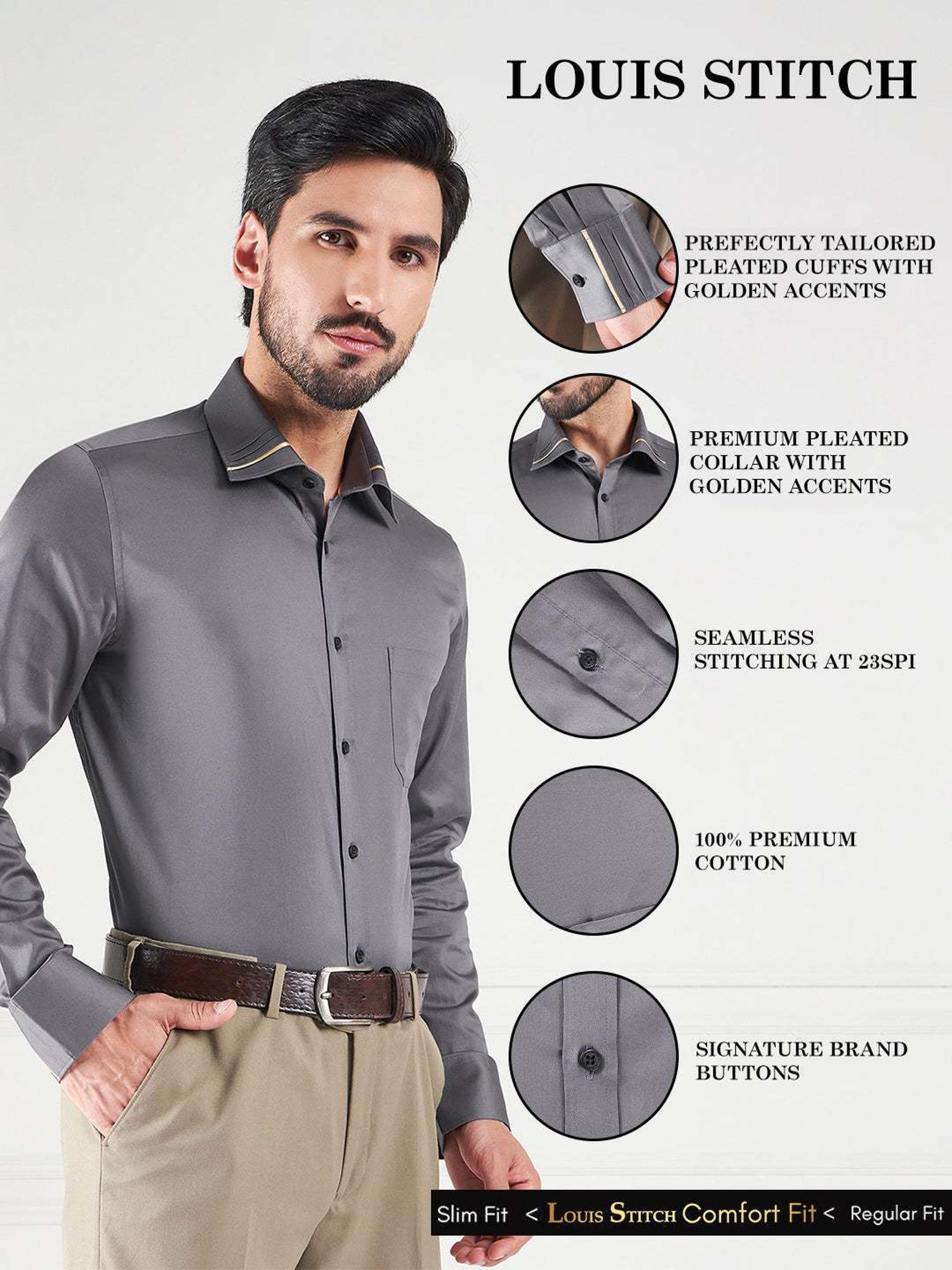 Louis Stitch Grey Cotton Regular Fit Shirt