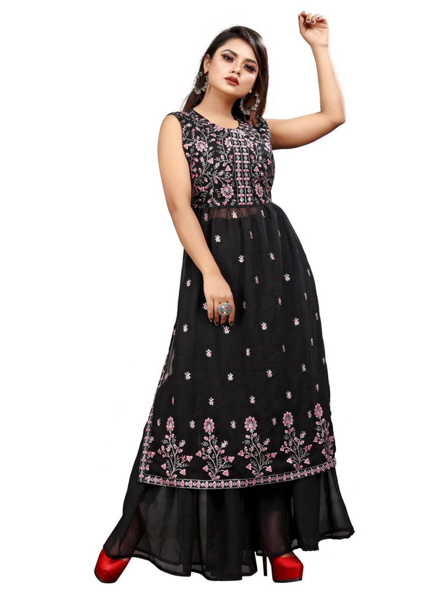 APNISHA Black Embroidered Kurta Sharara Set