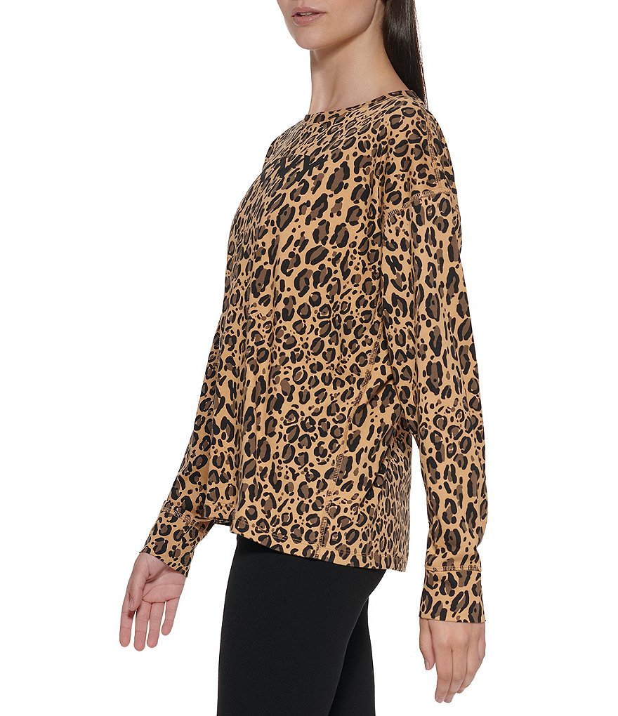 DKNY Sport Long Sleeve Leopard Print Crew Neck Logo Tee