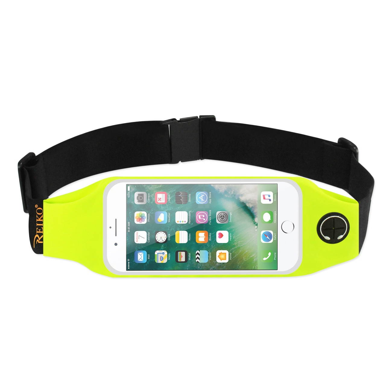 REIKO RUNNING SPORT BELT FOR IPHONE 7 PLUS/ 6S PLUS OR 5.5 INCHES DEVICE WITH TWO POCKETS AND LED IN GREEN (5.5x5.5 INCHES)