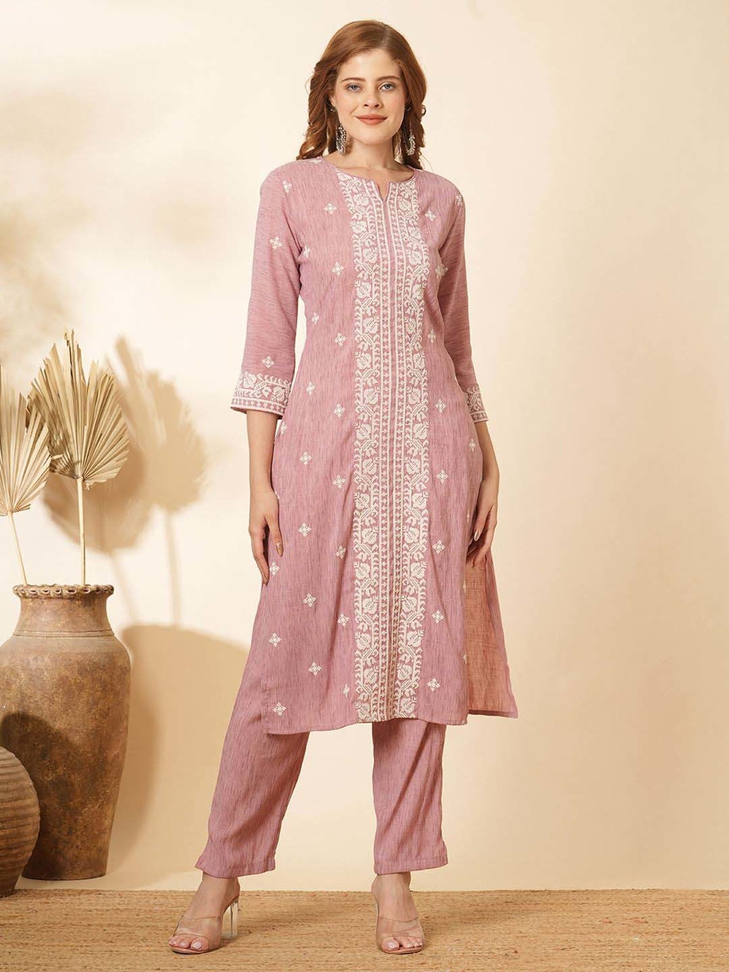 Fashor Pink Embroidered Kurta & Pant Set
