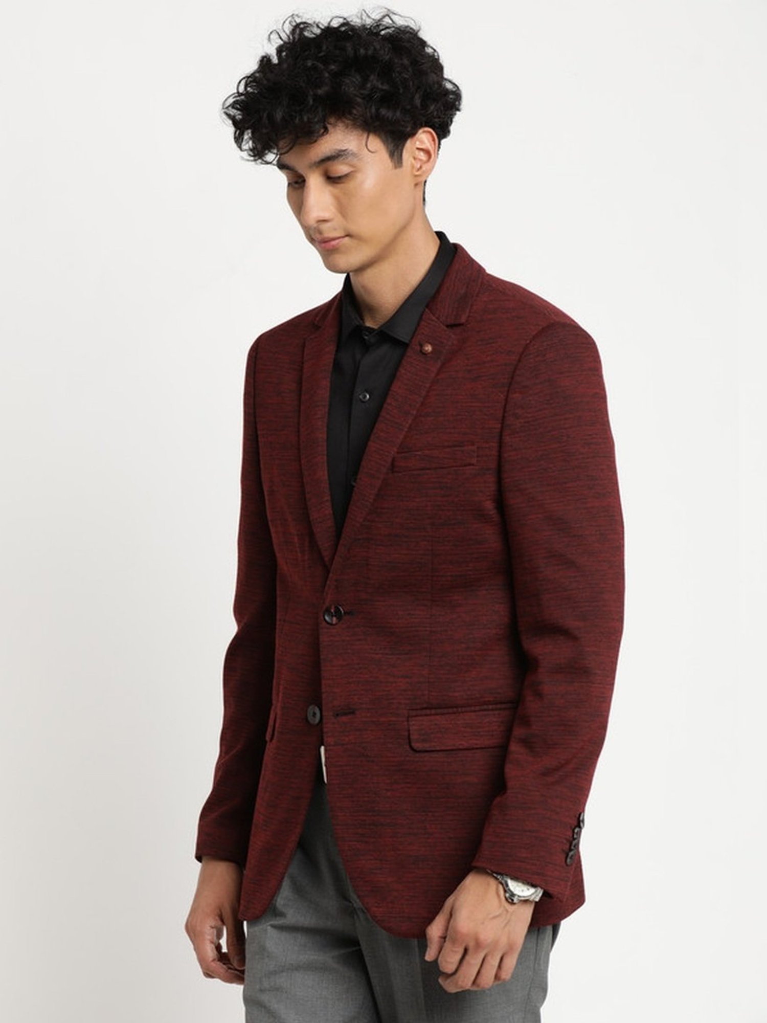 Turtle Maroon Slim Fit Self Pattern Blazer