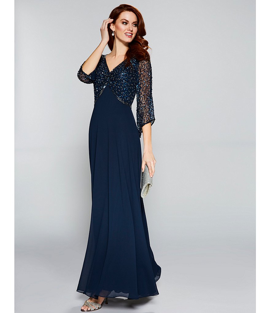 Jkara Petite Size V-Neck 3/4 Sleeve Beaded Bodice Gown