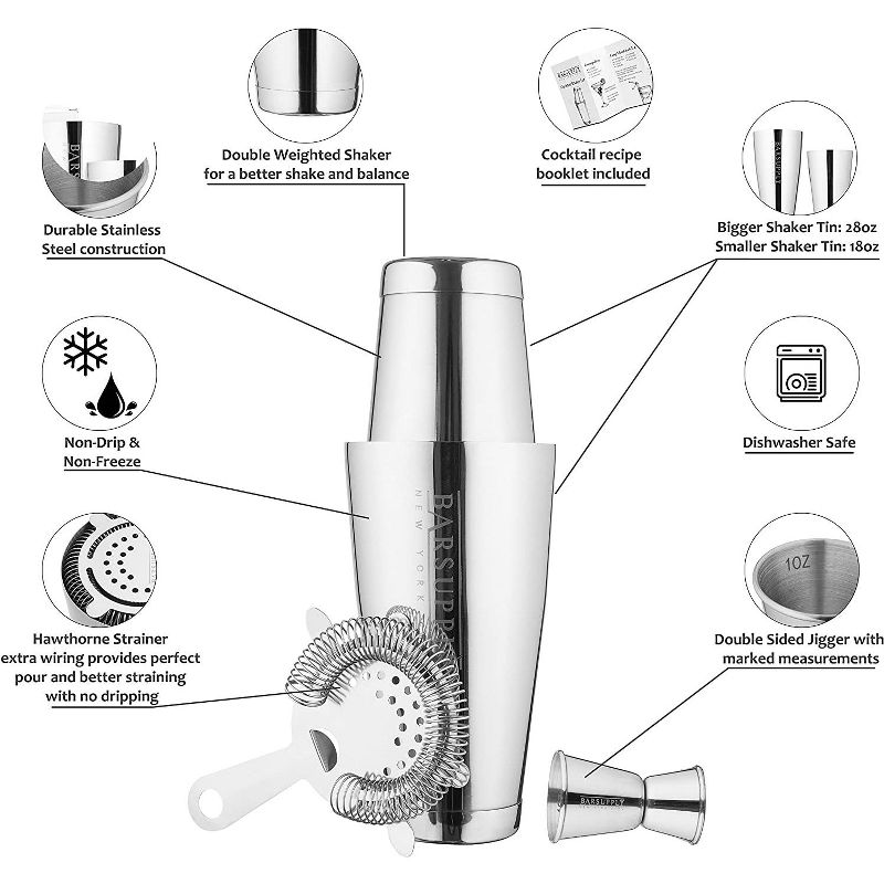 Boston Cocktail Professional  Shaker Set, 4-Piece Bar Set, Stainless Steel 304, 28oz/18oz Weighted Shaker Tins, Hawthorne Strainer, Double Sided Jigger, Recipe Booklet, Bartender Kit - Silver