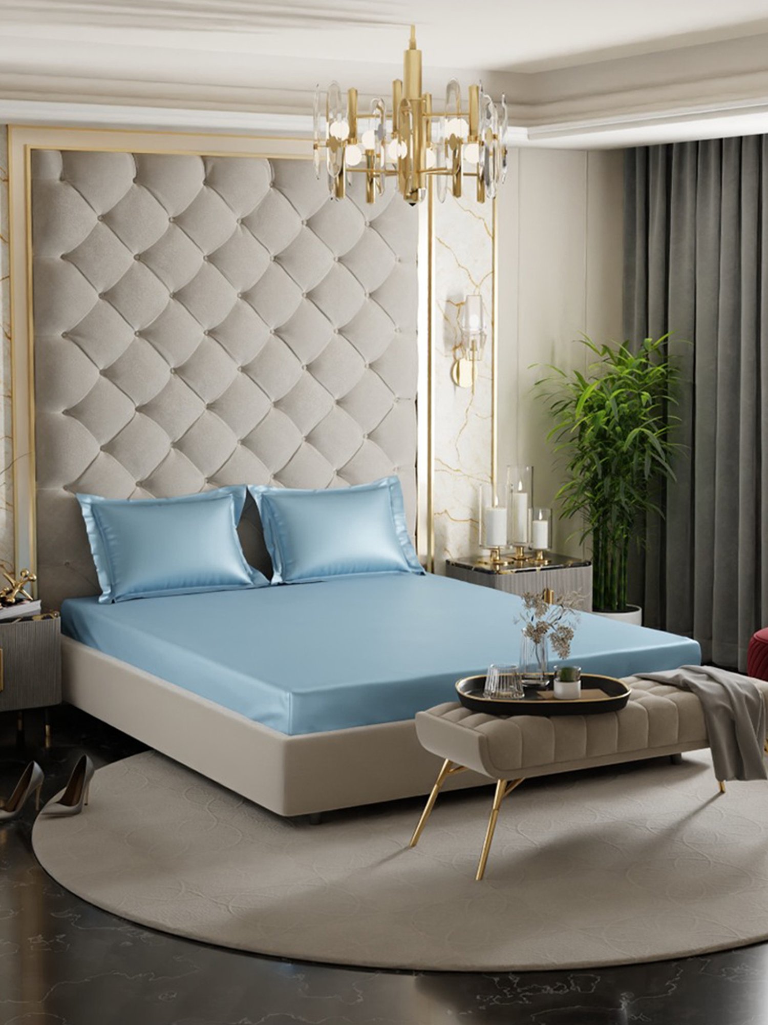 Stoa Paris Blue 300 TC Polyester Super King Fitted Sheet with 2 Pillow Covers