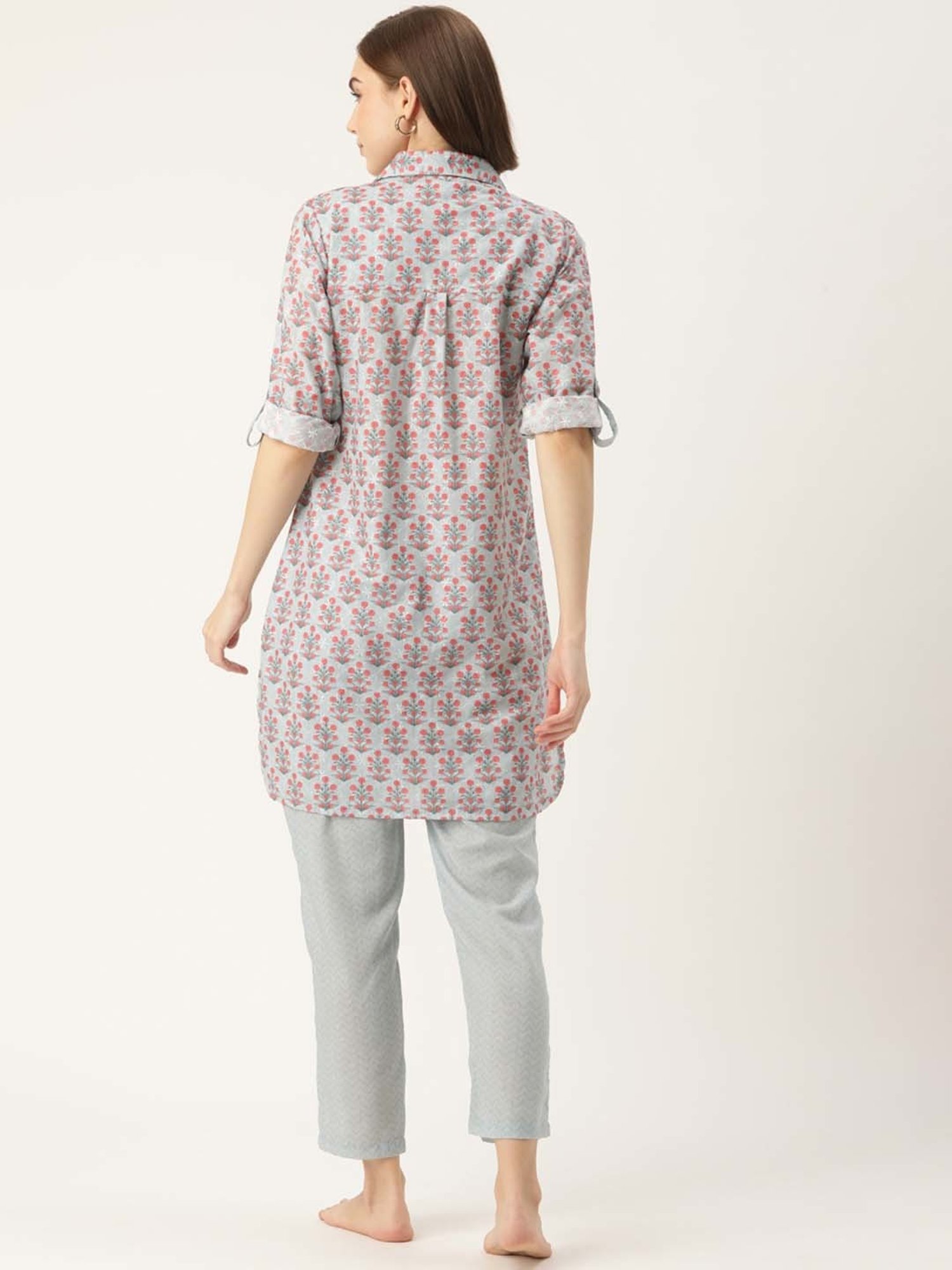 Clt.s Grey Floral Print Kurti Pyjama Set