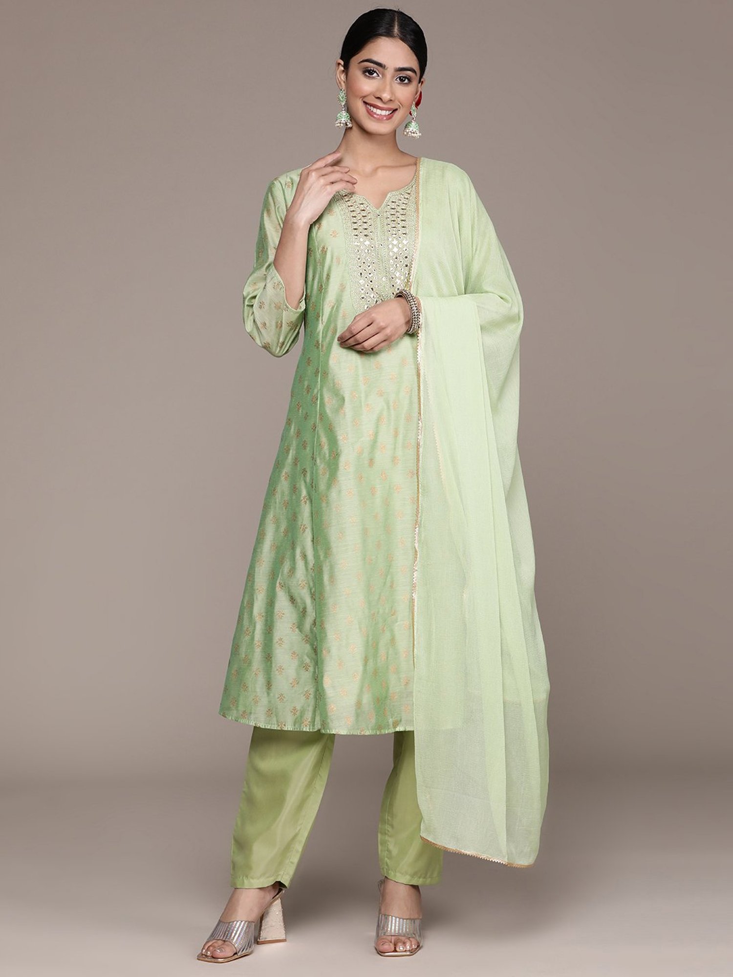 Ishin Green Printed Kurta With Pant & Dupatta