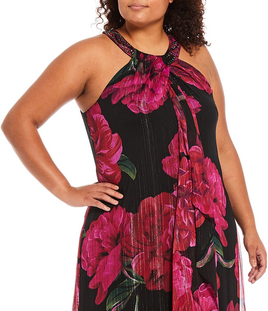 Ignite Evenings Plus Size Printed Sleeveless Cascading Front Beaded Halter Neck Gown