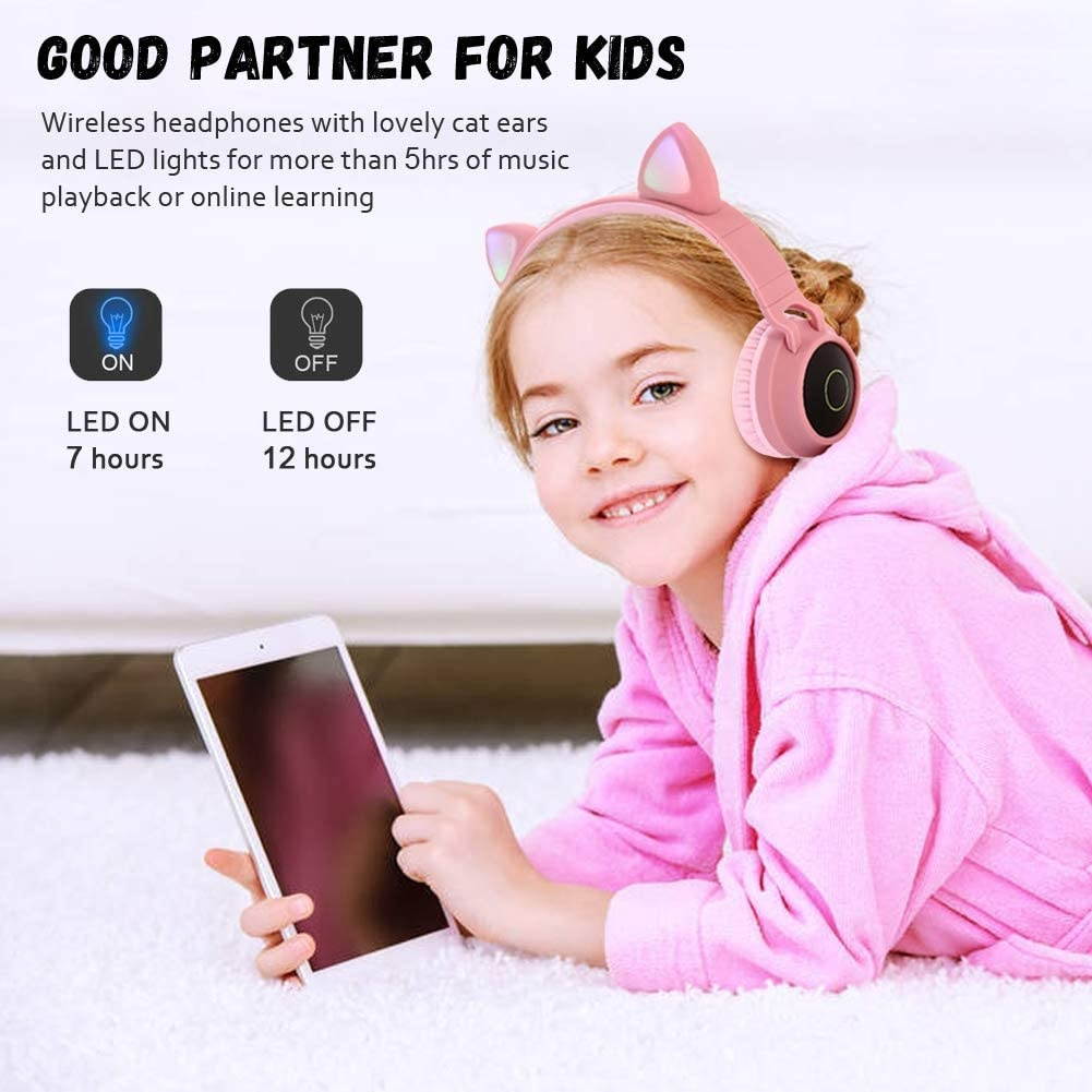 Kids Bluetooth 5.0 Cat Ear Headphones Foldable On-Ear Stereo Wireless Headset with Mic LED Light and Volume Control Support FM Radio/TF Card/Aux in Compatible with Smartphones PC Tablet (Purple)
