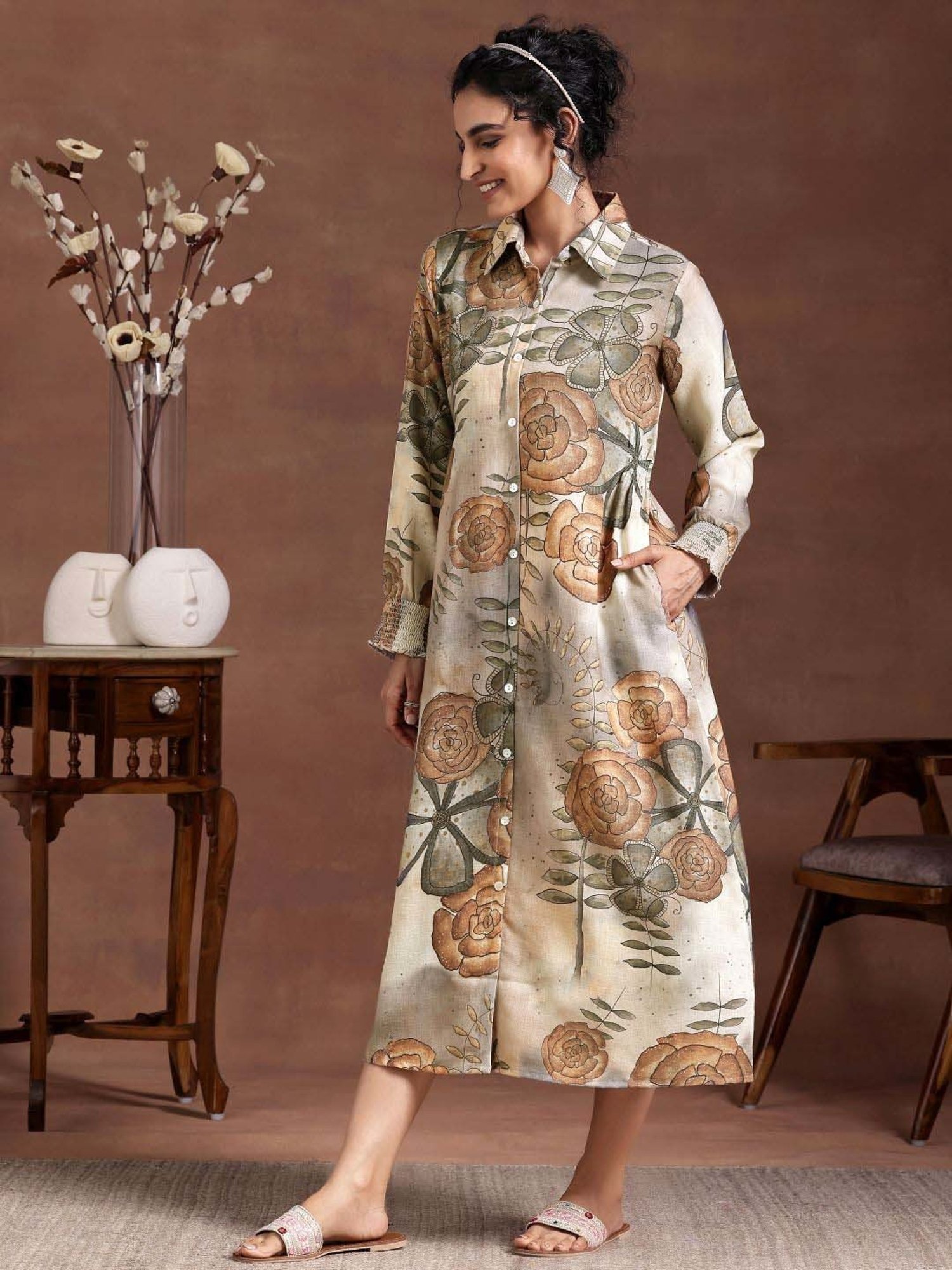 Libas Beige Linen Printed A-Line Dress