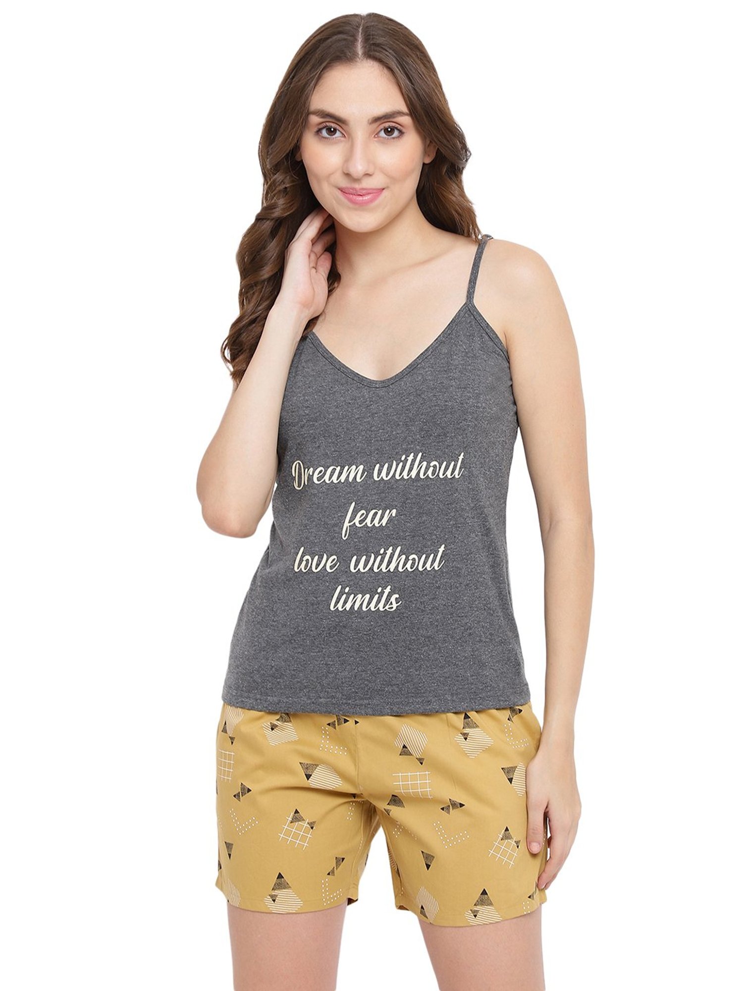 La Intimo Grey & Khaki Printed Camisole Top With Shorts