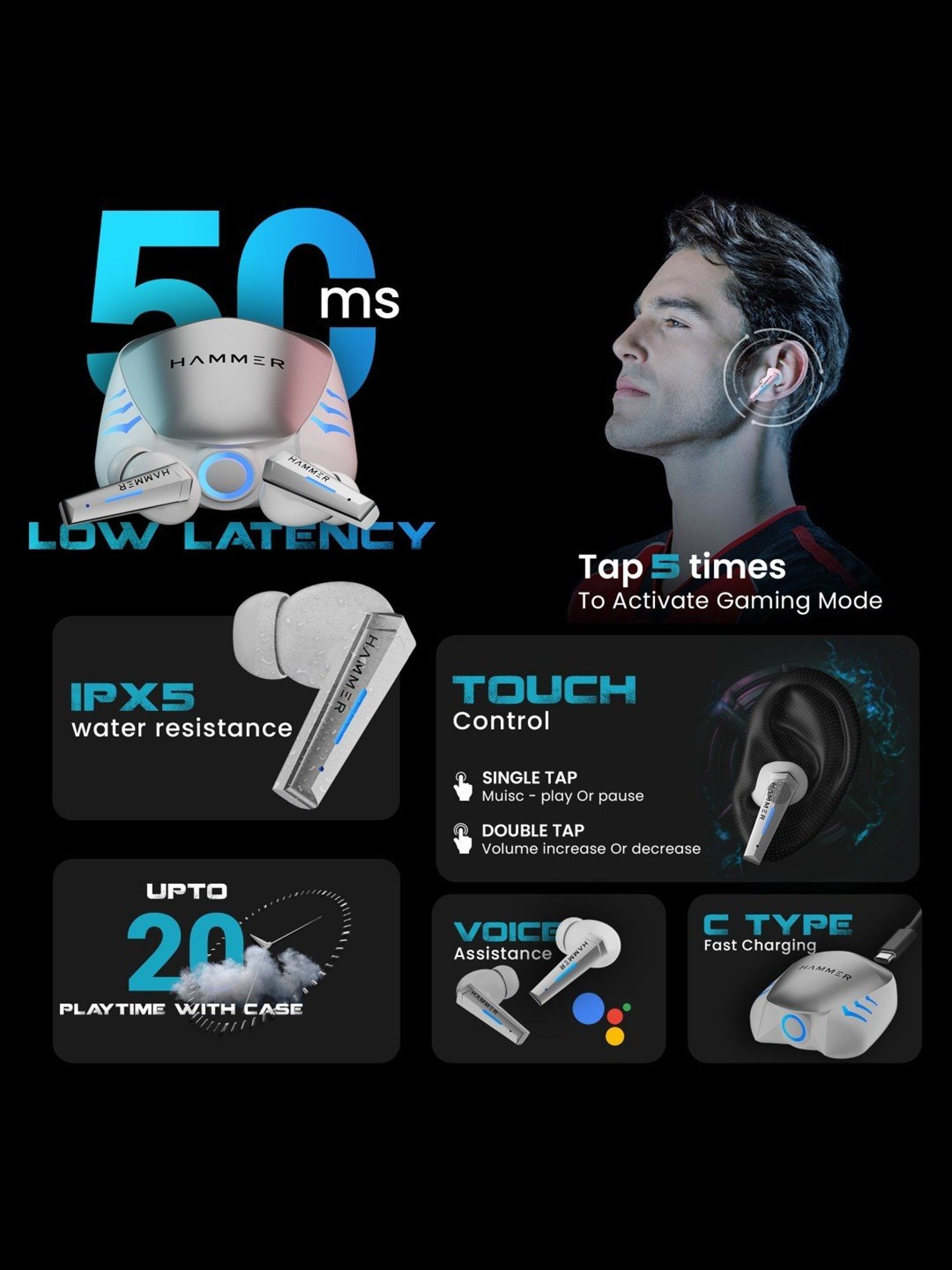 Hammer Arcade in-Ear Earbuds with RGB Lights,50ms Low Latency, 20H Playtime(White, True Wireless)