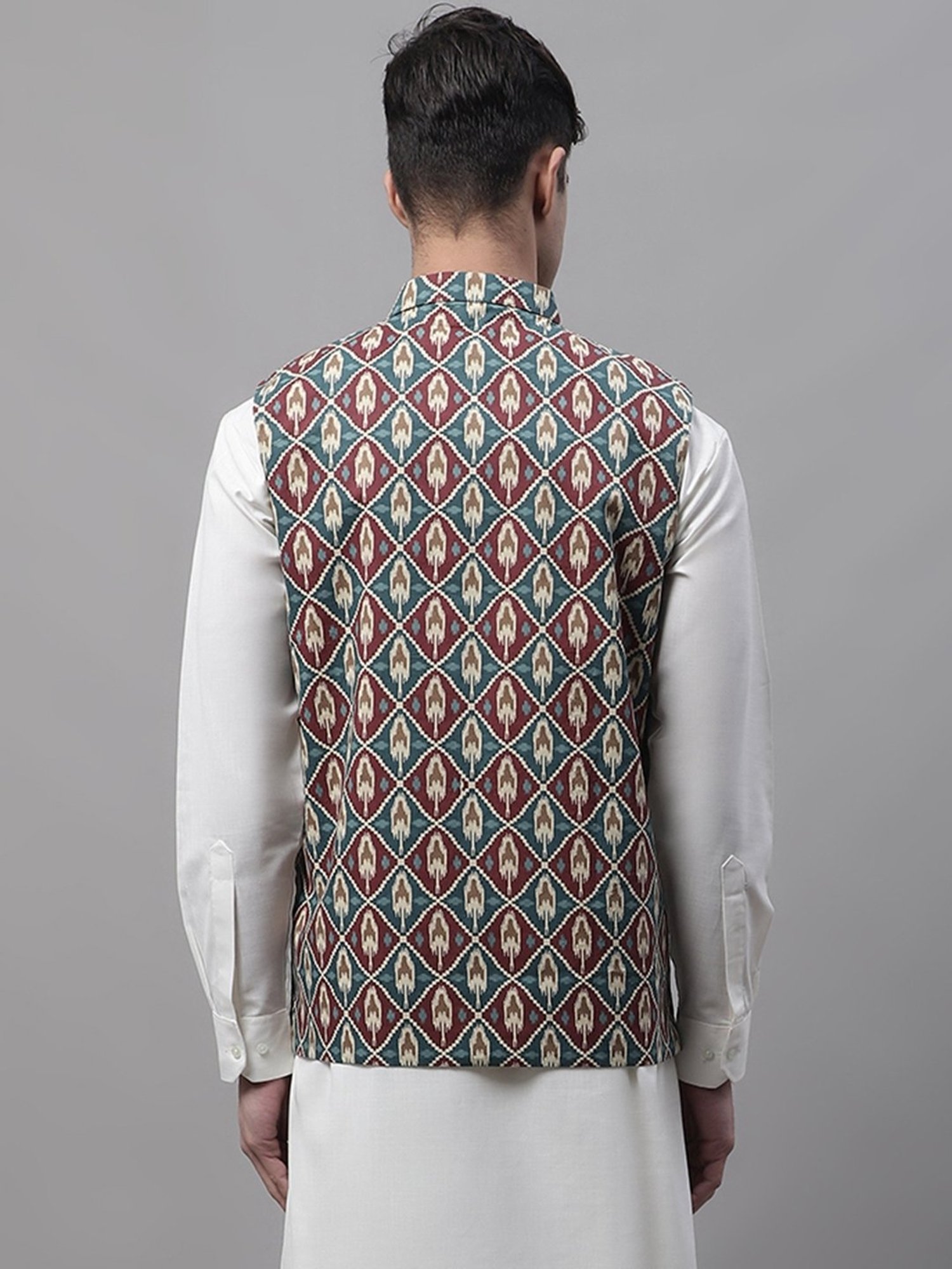 Jompers Teal & Red Regular Fit Printed Nehru Jackets