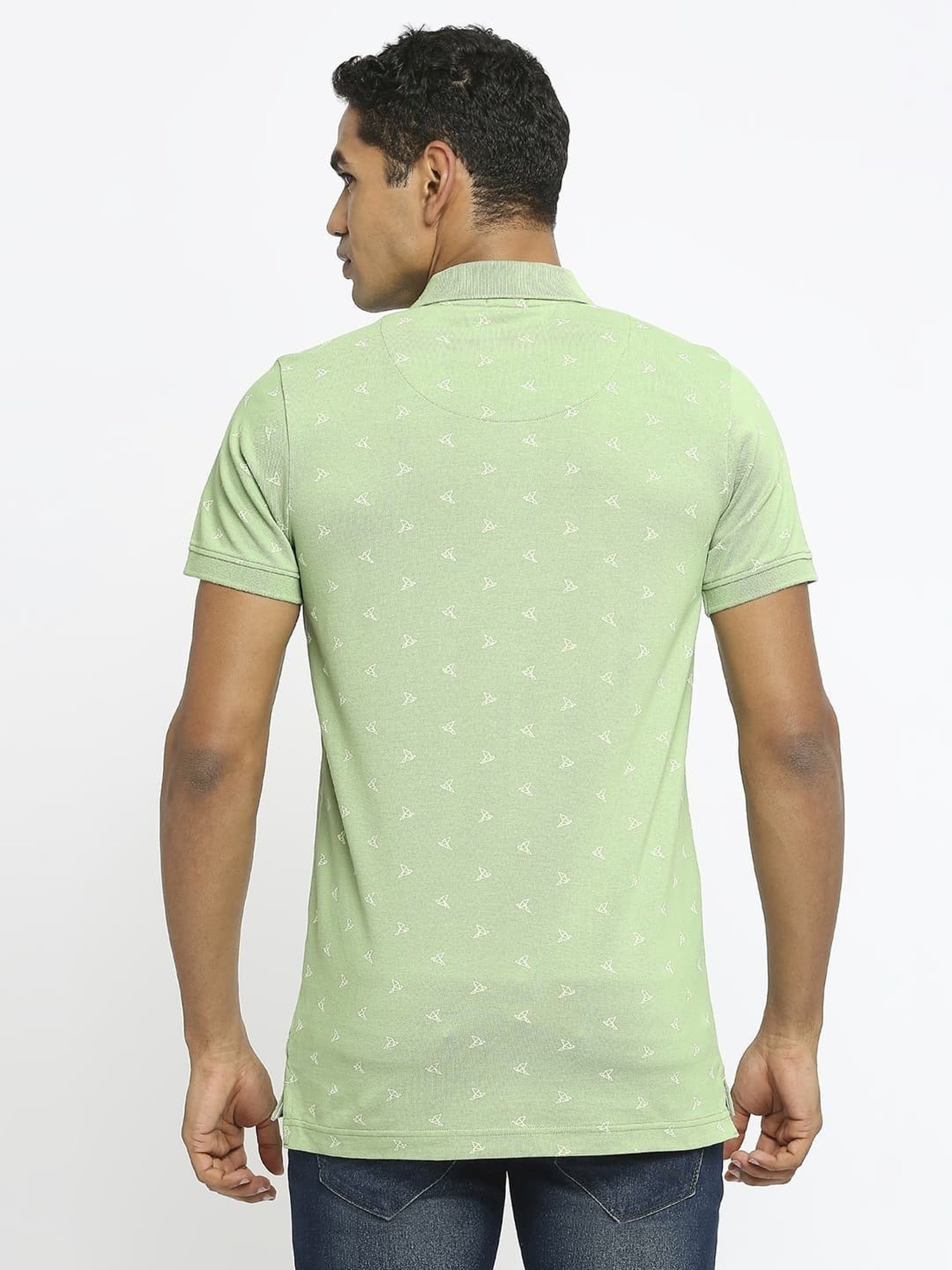 Basics Green Cotton Muscle Fit Printed Polo T-Shirt