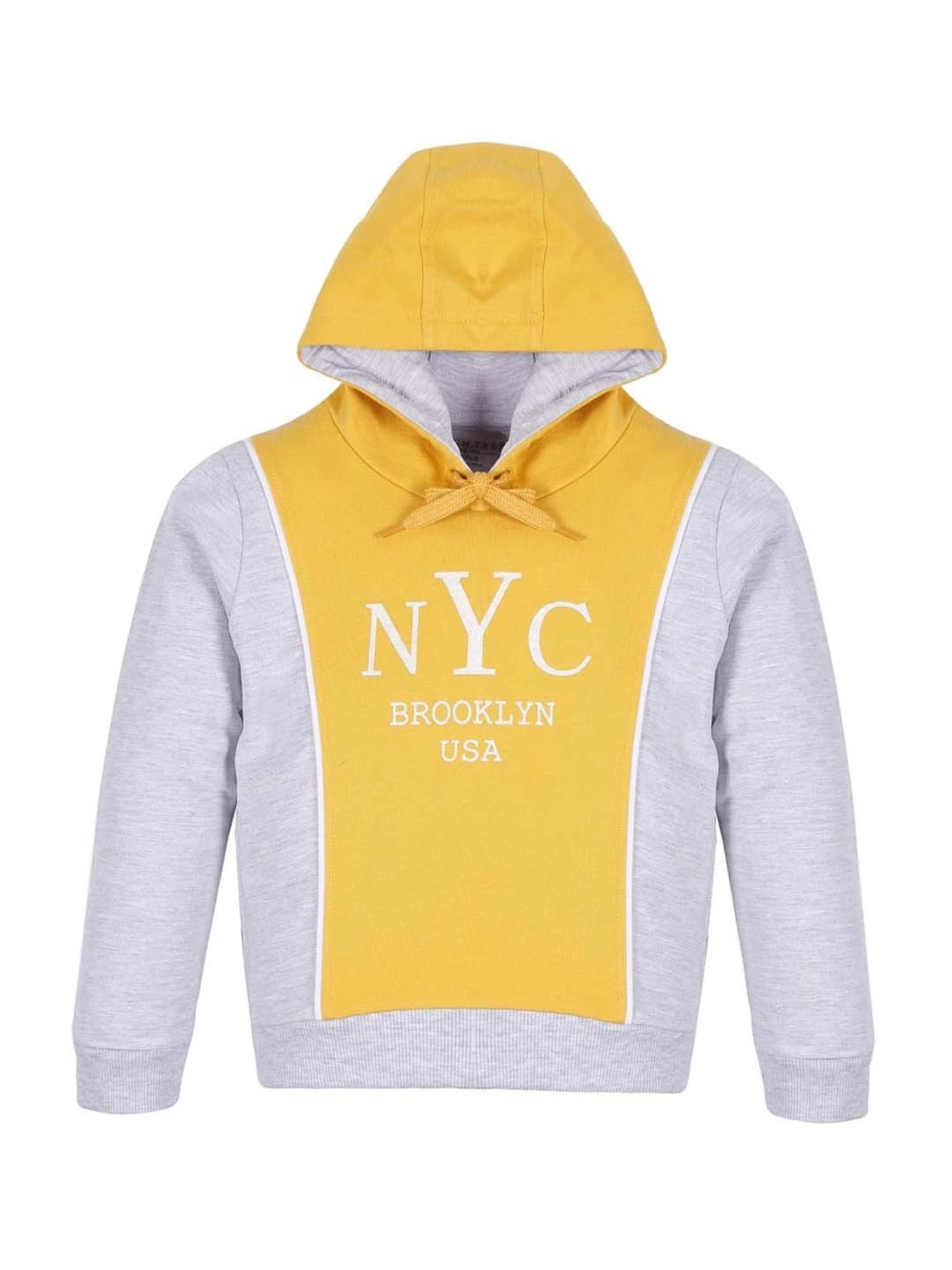 Plum Tree Kids Yellow & Grey Cotton Color Block Full Sleeves Hoodie