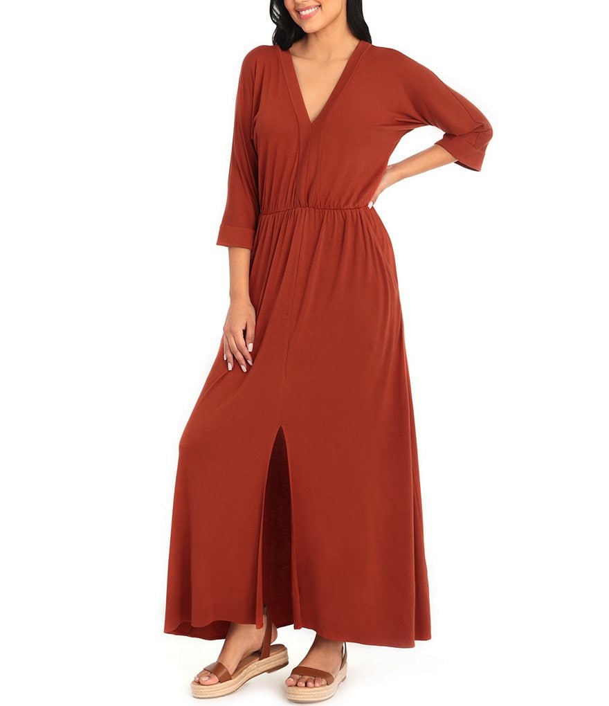 London Times Petite Size V-Neck Dolman Sleeve Kaftan Maxi Dress