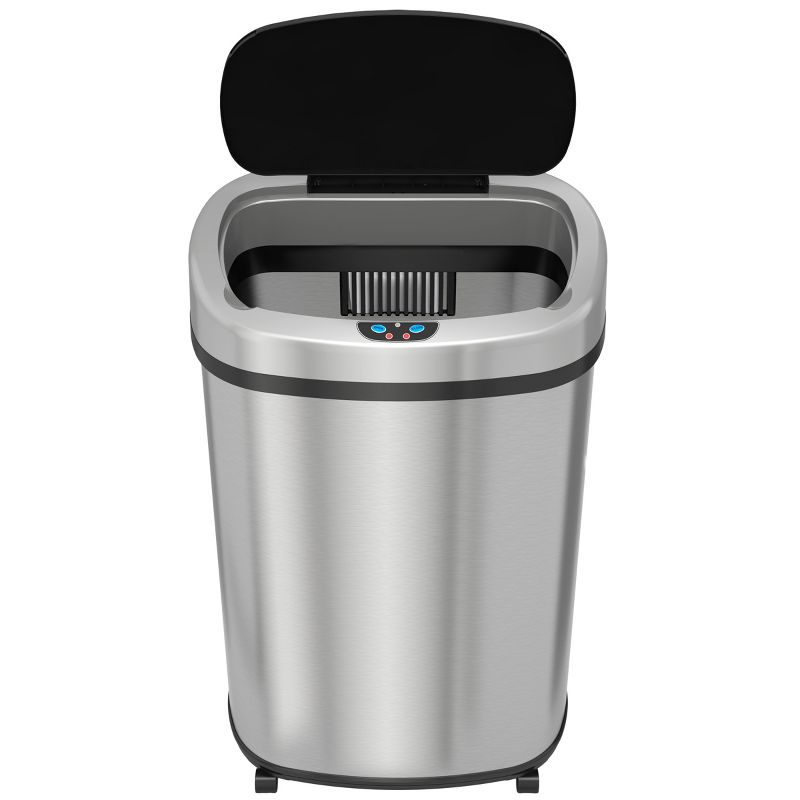 iTouchless Rolling Sensor Kitchen Trash Can with Wheels and AbsorbX Odor Filter Oval 13 Gallon Silver Stainless Steel