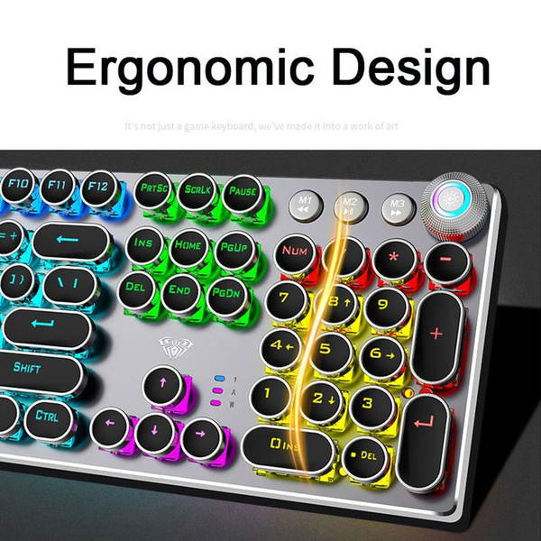 AULA Steampunk Gaming Mechanical Keyboard Metal Panel Round Retro Keycap Backlit Wired Computer Peripherals for Desktop Laptop