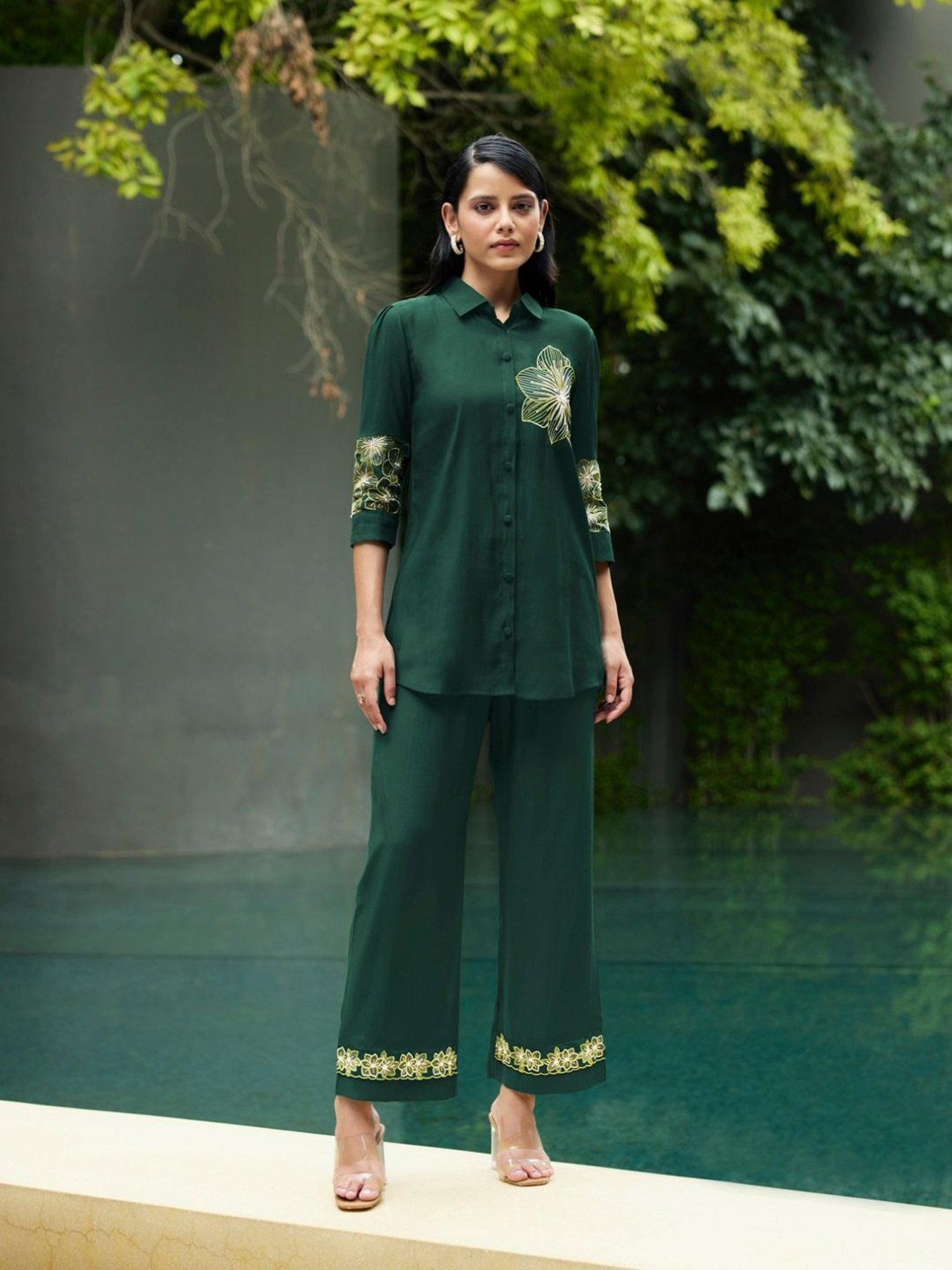 Kaftanize Kiaa Bottle Green Embroidered Shirt with Pant