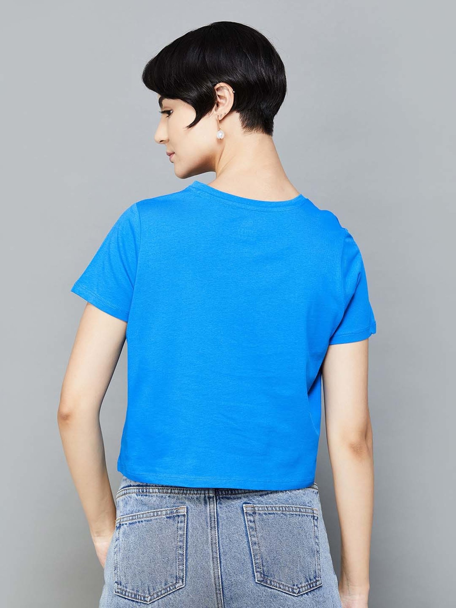 SmileyWorld Blue Cotton Printed Crop T-Shirt
