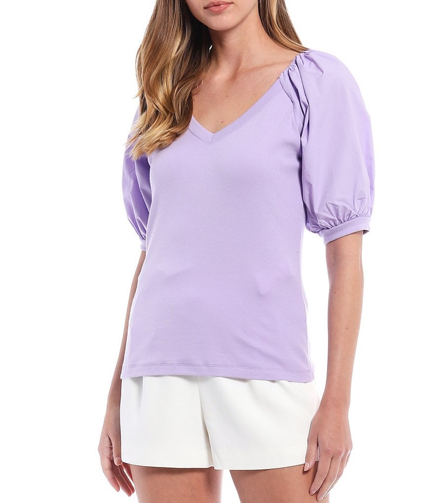 A Loves A V-Neck Balloon Sleeve Mixed Media Tee