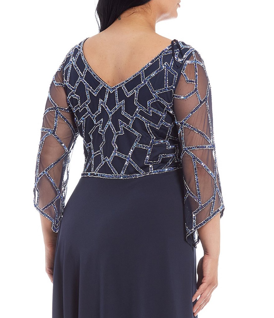 Jkara Plus Size 3/4 Sleeve V-Neck Beaded Gown
