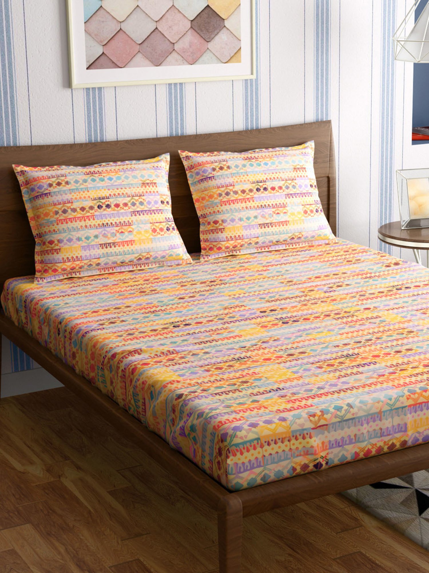 Petal Home Jharokha Abstract Yellow 300 TC Cotton Queen Bed Sheet with 2 Pillow Covers